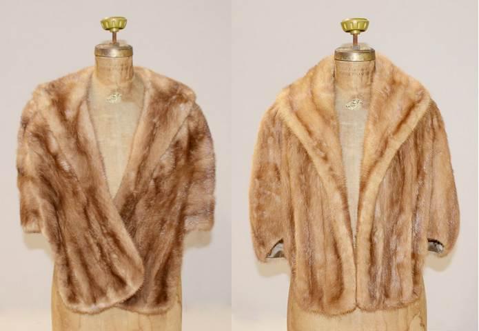 (2) Tan Mink Stoles: (2) Tan mink stoles c/o silk lined Gimbels fur salon stole and unmarked silk lined stole. Please note fur can not be shipped internationally.
