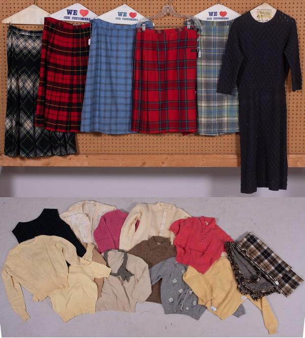 Vintage Wool Skirt, Sweater and Scarf Grouping: Vintage wool skirt, sweater and scarf grouping c/o (5) wool pleated skirts by Pendleton, Gor-Ray, Lord and Taylor, Glen Har and Lochan, Saks Fifth Avenue wool dress, (11) wool and cashmere sweaters (2
