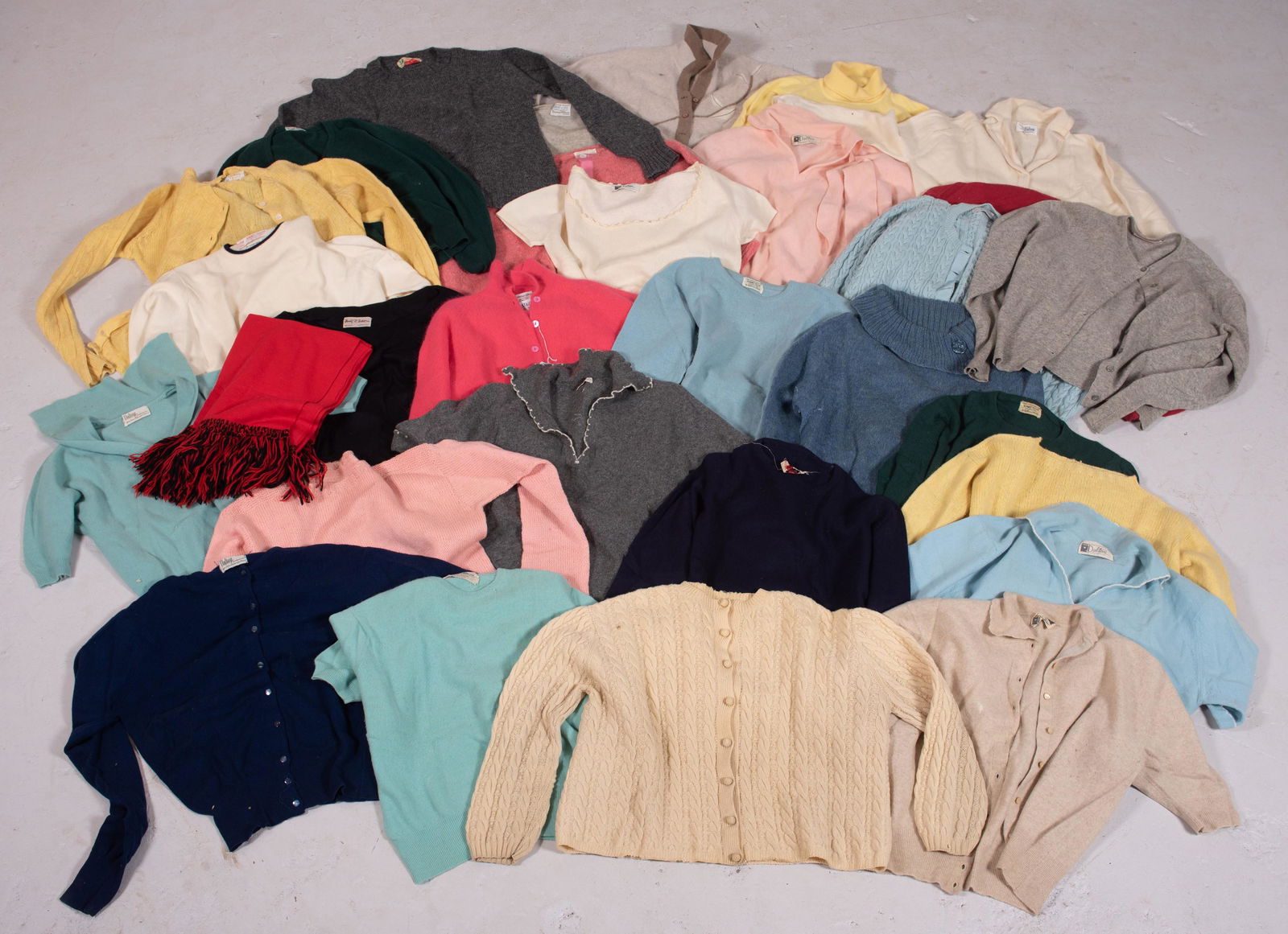 (25)+ 50's/60's Wool and Cashmere Solid Sweaters: (25)+ 50's/60's Wool and cashmere solid sweaters including cable knit, button front, mohair and more.