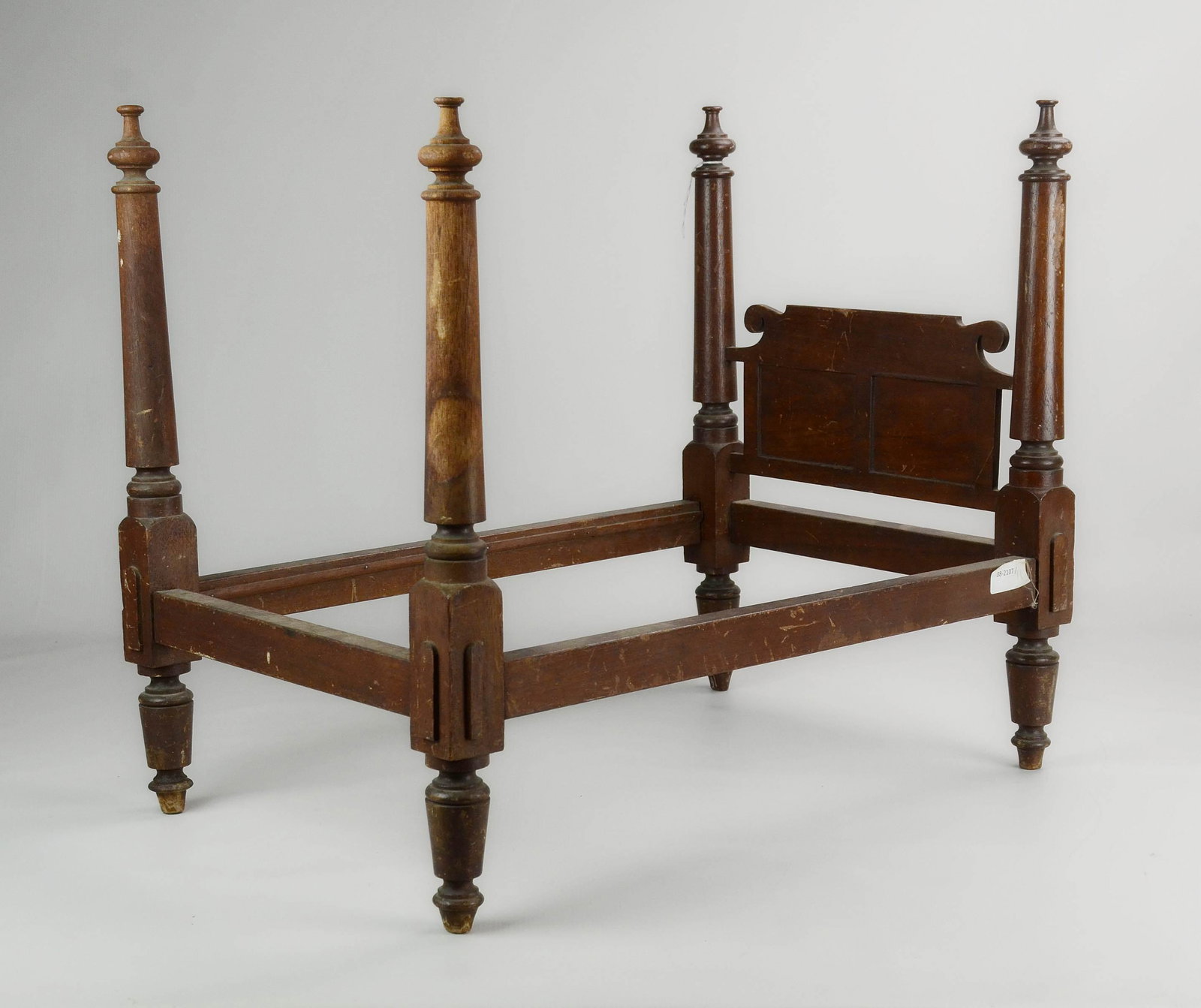 Diminutive walnut Sheraton style 4-poster bed: Diminutive Walnut Sheraton style 4-poster bed, 19" h x 14" w x 22-1/2" d, wear to finish, scratches