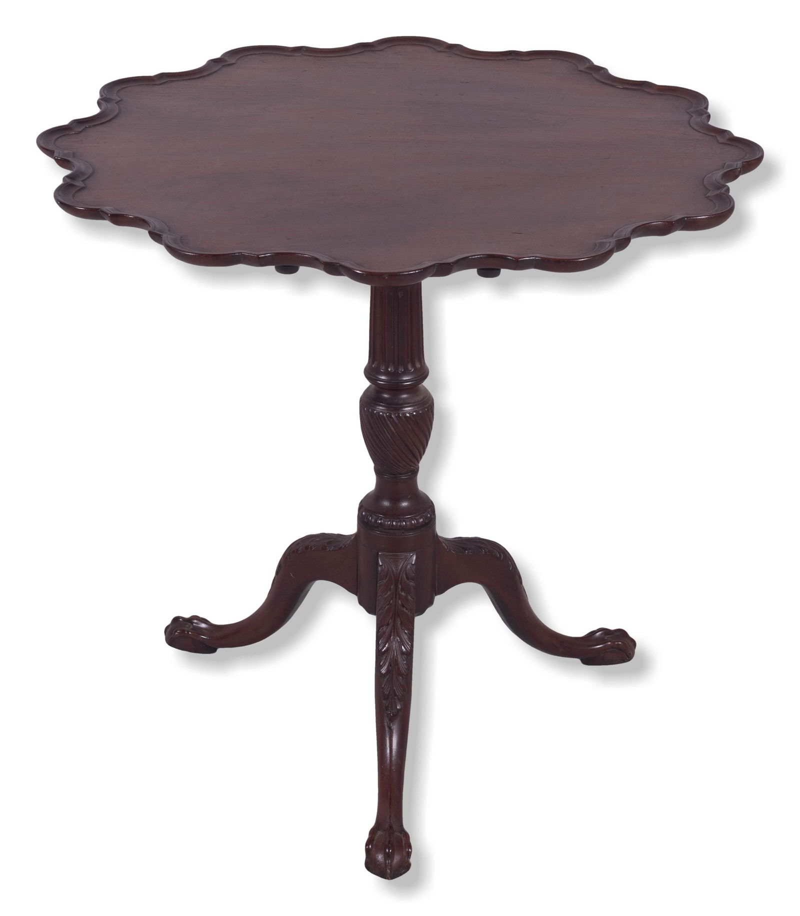 Carved Mahogany Chippendale style tilt top tea table: Carved Mahogany Chippendale style tilt top tea table, with single board piecrust top, early 20th c, by Westing Evans and Egmore, Philadelphia, 29" h x 31-1/4" diameter