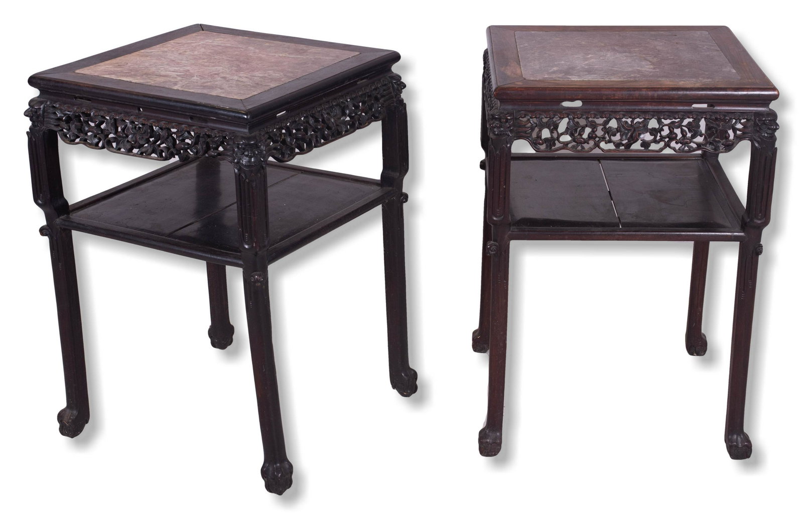 Pair carved Rosewood Chinese tables w/ marble top: Pair carved Rosewood Chinese tables with brown marble tops, pierced carved apron over a lower shelf, 20"sq x 33" h, probably 20th