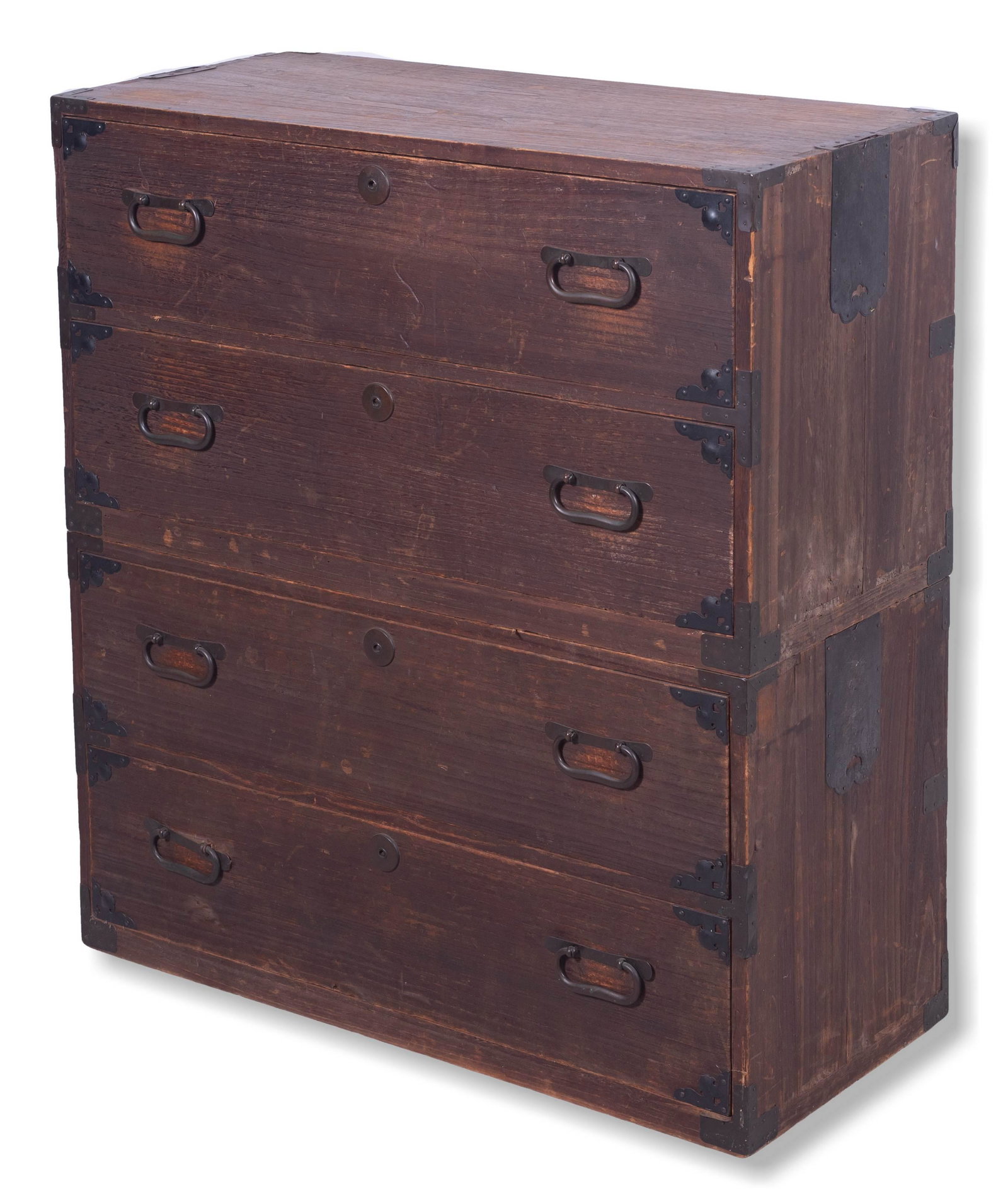 Asian elmwood 2 part campaign chest: Asian elmwood 2 part campaign chest, with metal reinforced corners and carrying handles, 37" w x 40-1/2" h x 16-1/2" d, 18th -19th c