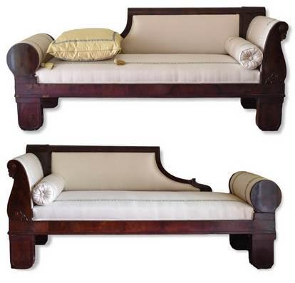 Pr mahogany Federal recamiers, 19th c, 75" l: Pr mahogany Federal recamiers with bolster ends, 75" l 36" h