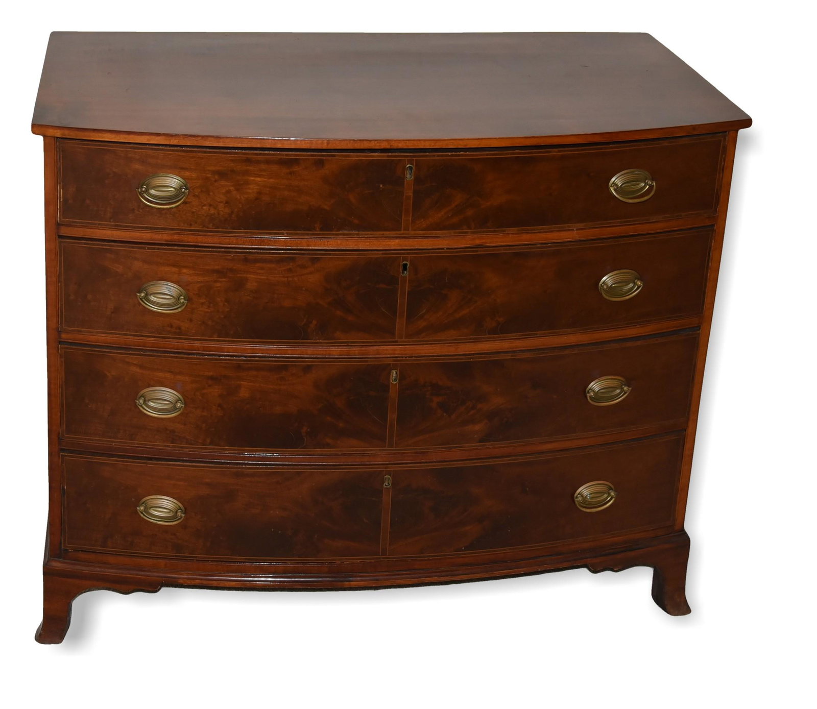 Inlaid mahogany American Hepplewhite bowfront: Inlaid mahogany American Hepplewhite four drawer bowfront bureau, 4 graduated string inlaid bowed drawers with replaced brasses, raised on French feet, late 18th c, 40" W x 33 3/4" H