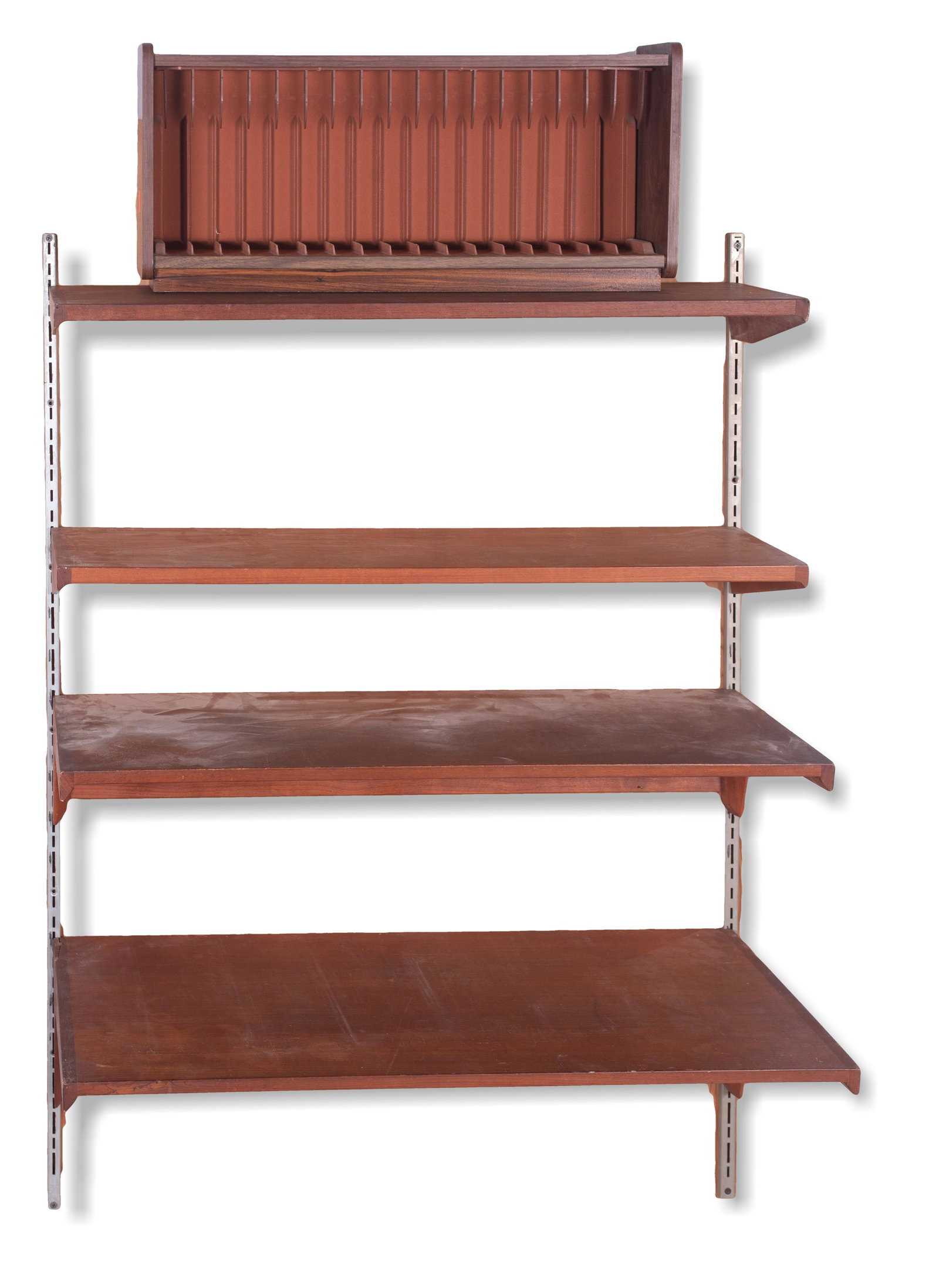 Modern wall mounted shelving unit: Modern wall mounted shelving unit, wall brackets with 4 shelves, two with back braces, one with damaged side, adjustable, along with VHS tape console