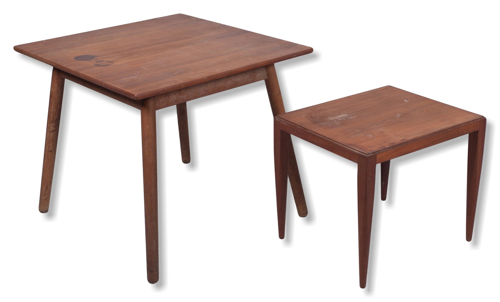 Illums Bolighus Kobenhavn teak side table: Illums Bolighus Kobenhavn teak side table, 20-1/4" h x 24" w x 20" d, along with Danish Modern teak square dining table, 29" h x 32" w x 34" d, dining table with watermarks and scratches on top, side 