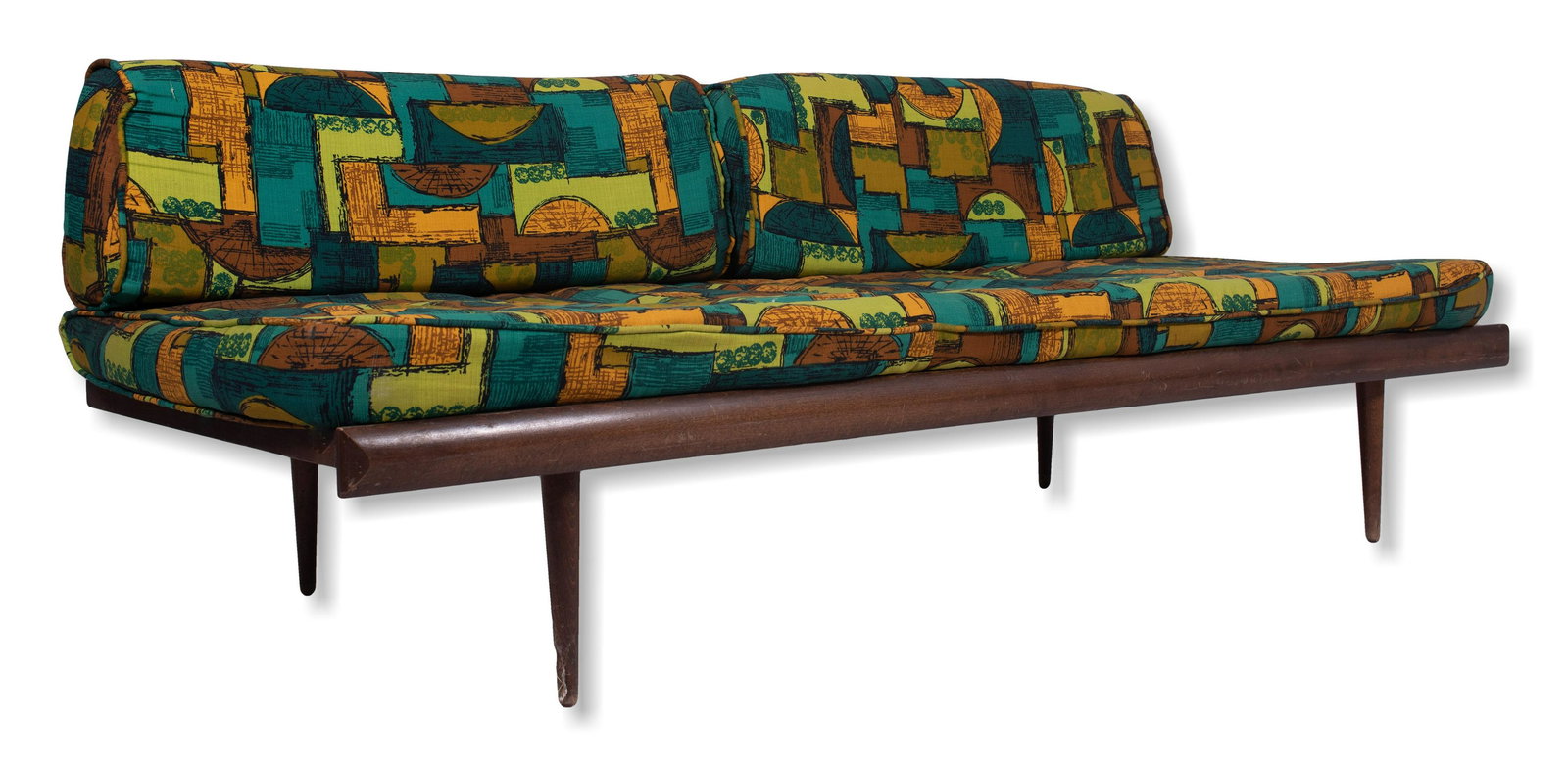 Danish Modern daybed after Peter Hvidt: Danish Modern daybed after Peter Hvidt, Modern upholstered cushions in the manner of Jack Larsen, 27" h x 74" w x 31" d, wear to finish