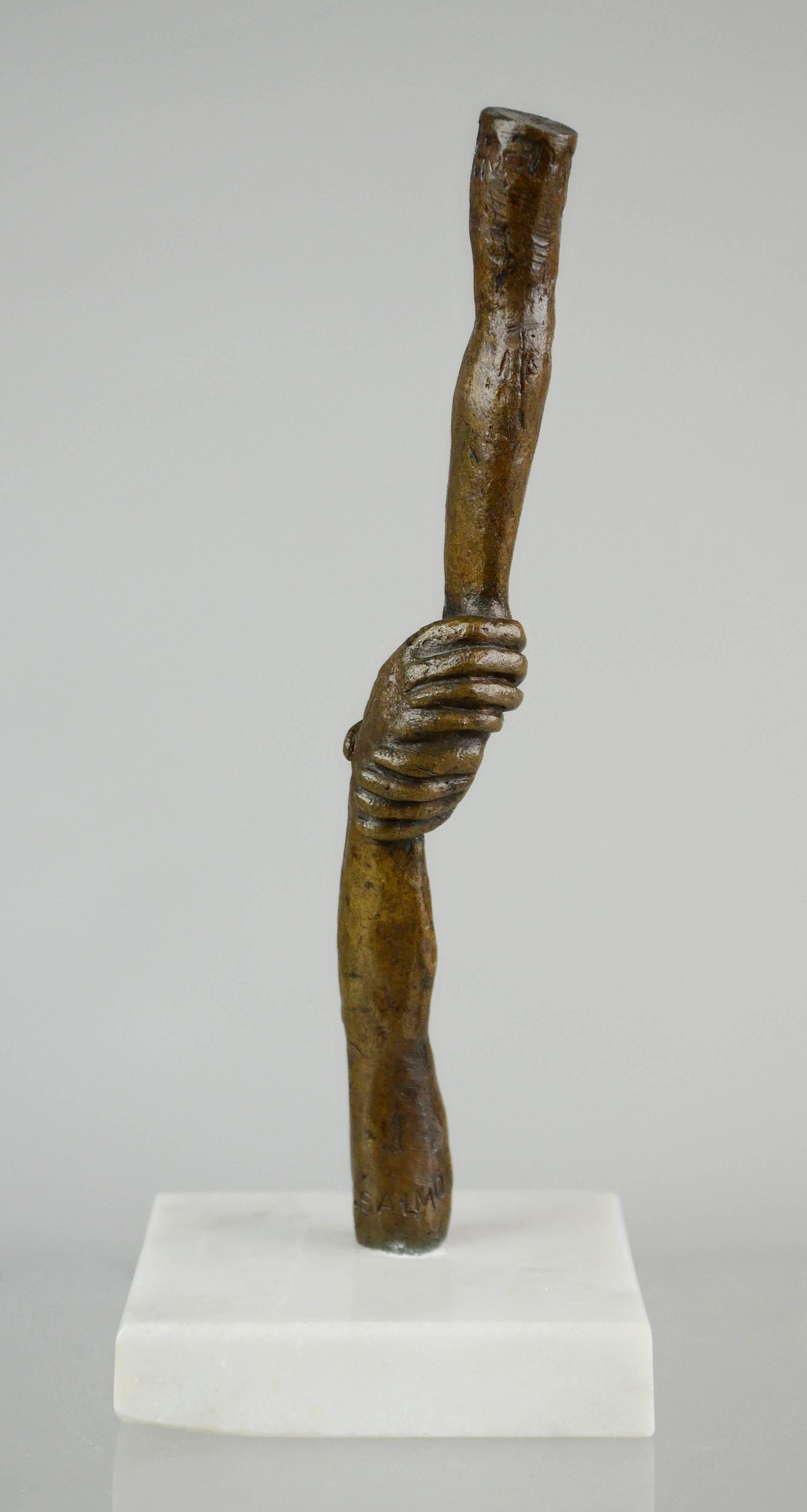 Victor Salmones Sculpture, " Eslabones" (To Link): Victor Salmones sculpture, "Eslabones", (To Link), 1981 c/o bronze cast hand entwined vertically on marble base, signed Salmones E_45 at sculpture base., 9-1/2" h