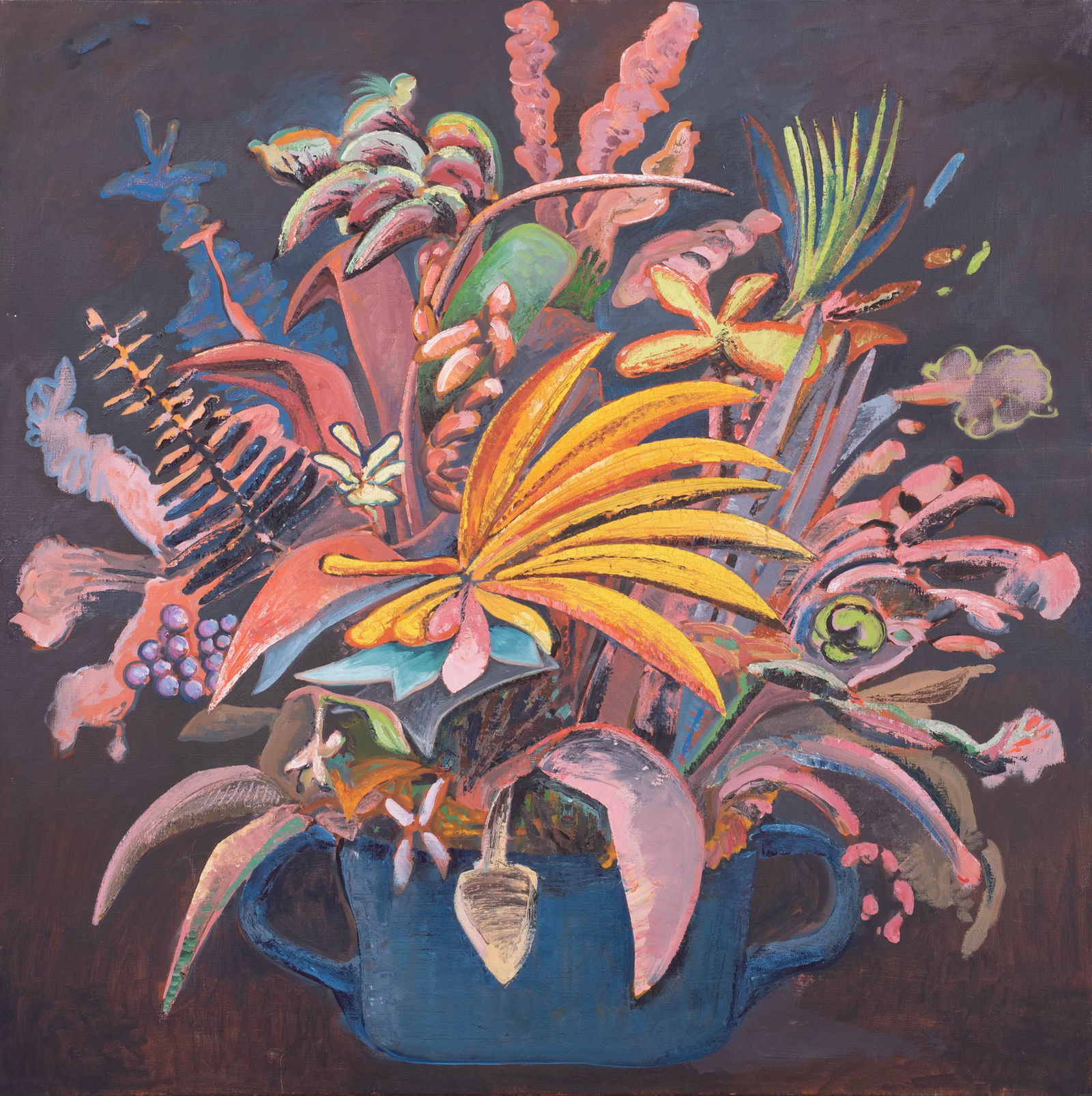 Lucio Pozzi Still Life "Pink Disturbance": Lucio Pozzi (Italian American, b. 1935) still life "Pink Disturbance", 1989, oil on canvas, unsigned, label on back from Obelisk Gallery in Boston, MA, 42" x 42", framed 52-5/8" x 52-5/8", good condit