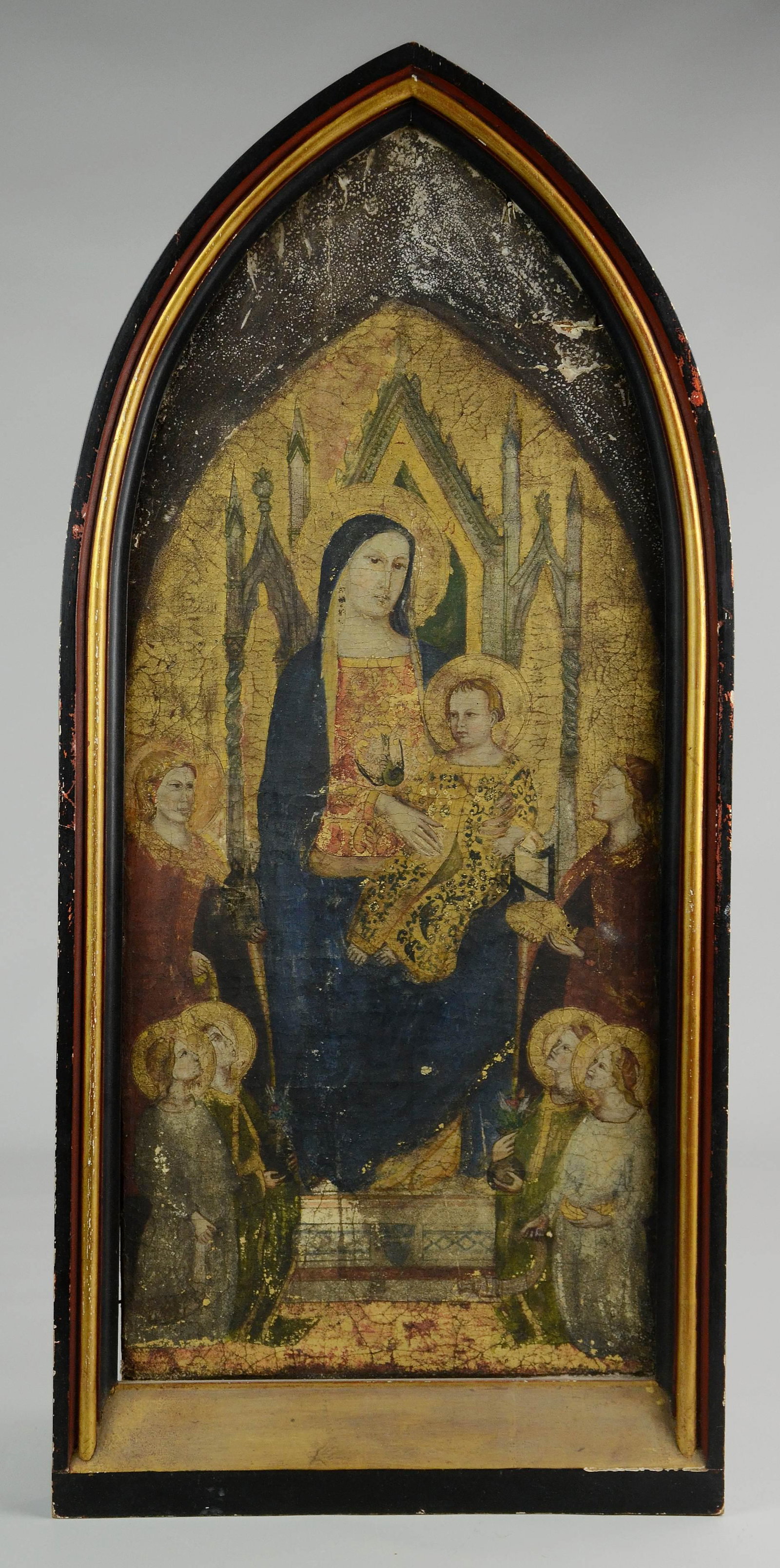 Early 16th-18th C. Painting "Madonna & Child": Early 16th-18th C. painting "Madonna & Child", artist unknown, oil and gold gilt on wood panel, measures 27-5/8" x 12-7/8" including frame, good condition for age, wear and age cracking, large split a
