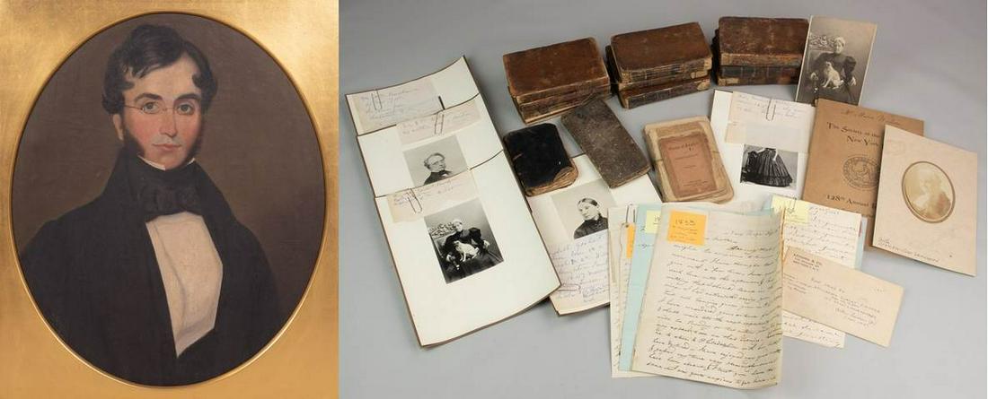 19th C. Portrait Ptg. of Dr. William Maris Wilson: 19th C. Portrait painting of Dr. William Maris Wilson after a miniature by Samuel Raymond Fanshaw, oil on canvas, unsigned, mounted in restored original frame, accompanied by letters, books and photog