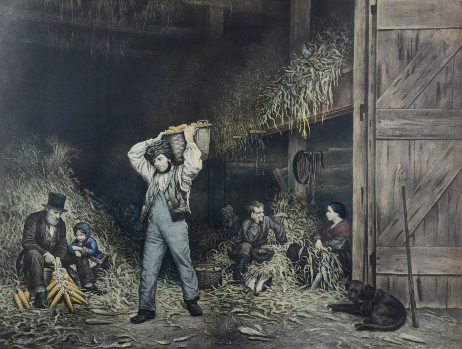 Currier & Ives Original Lithograph " husking" 1861: Currier & Ives original lithograph " husking" 1861, after a painting by Eastman Johnson, 21" x 27-3/8" image, sheet size 26" x 32", good condition with areas of toning, Very edges of print concealed b