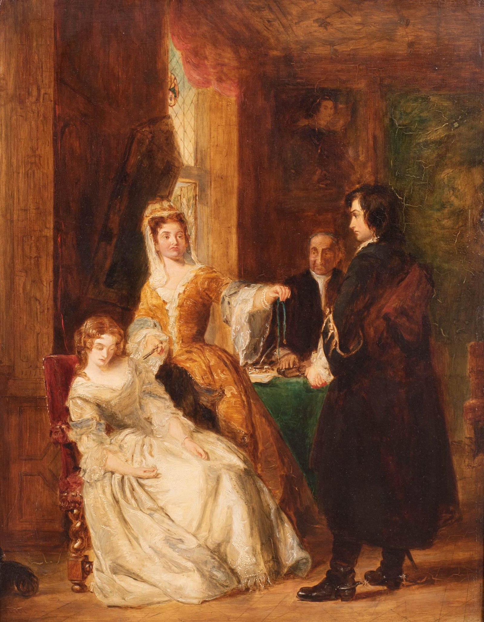 William Powell Frith "The Bridge of Lammermoor": William Powell Frith (British, 1819-1909) painting "The Bridge of Lammermoor", depicting a scene from the Sir Walter Scott novel, oil on panel, signed " w. P. Frith", 17-7/8" x 13-7/8", framed 29-5/8"