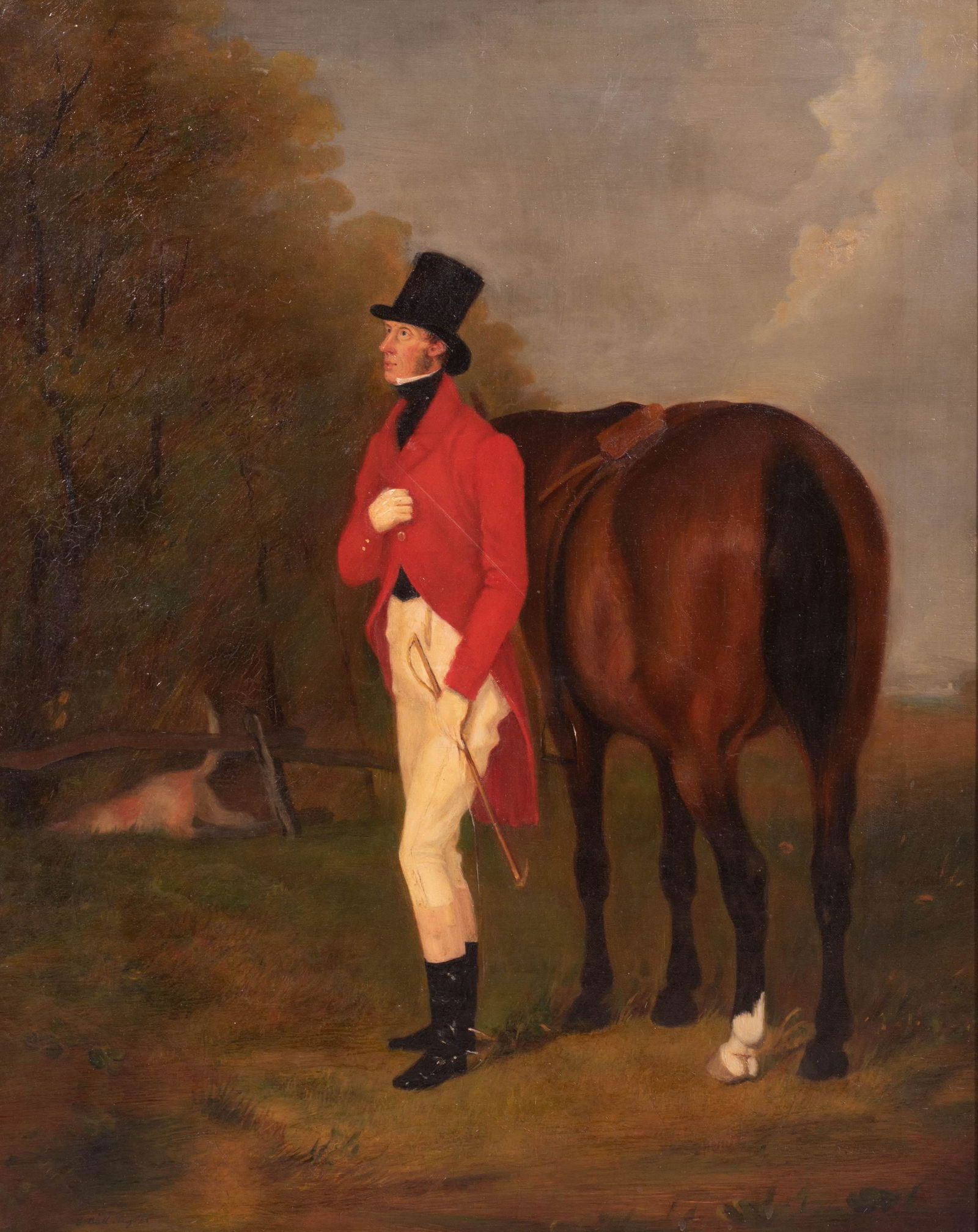 G. Ball Hughes Painting of a Huntsman: G. Ball Hughes, 19th C. British Painting of a Huntsman, "J. Dixon of Astle", depicting John Dixon Esq. with his horse, oil on canvas, signed "G. Ball Hughes" lower left and reverse, inscribed on back