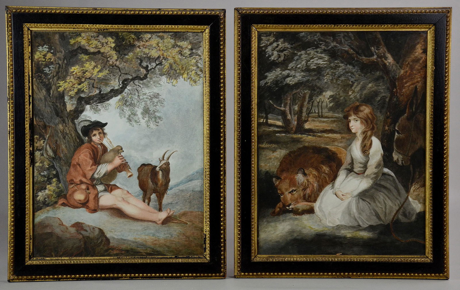 Pr. 18th C. Watercolor Paintings: Pr. 18th C. watercolor paintings "Una and Her Lion", after Joshua Reynolds, and "Goatherd" after Abraham Bloemaert, watercolor on paper, each inscribed " drawn by G. Shipley" on back, each 14-3/4" x 1