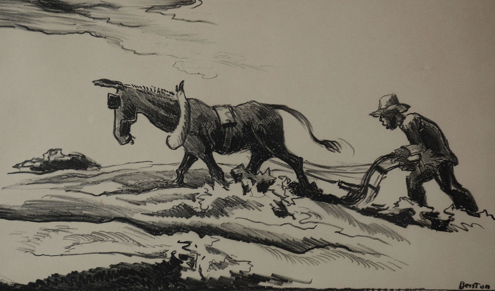 Thomas Hart Benton Lithograph "Ploughing": Thomas Hart Benton (American, 1889-1975) Lithograph "Ploughing", lithograph on paper, pencil signed "Benton", 8" x 13-1/4" image, framed 14-3/4" x 19-1/2", good condition, light toning, not inspected