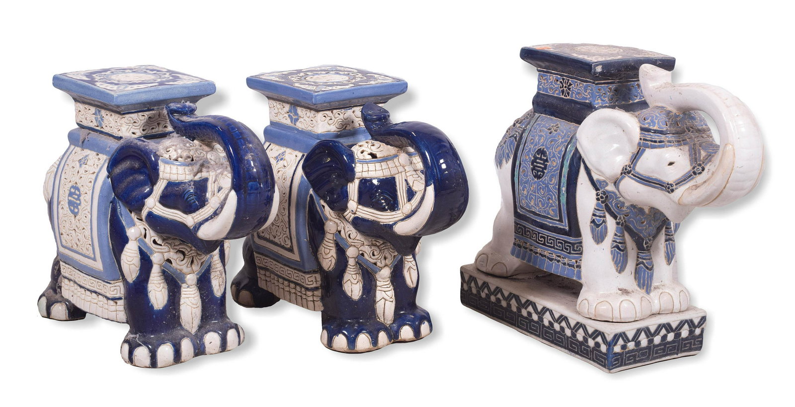 (3) Chinese Blue and White Porcelain Elephant Garden: (3) Chinese porcelain blue & white painted elephant garden seats, 18" h x 22" w x 9" d