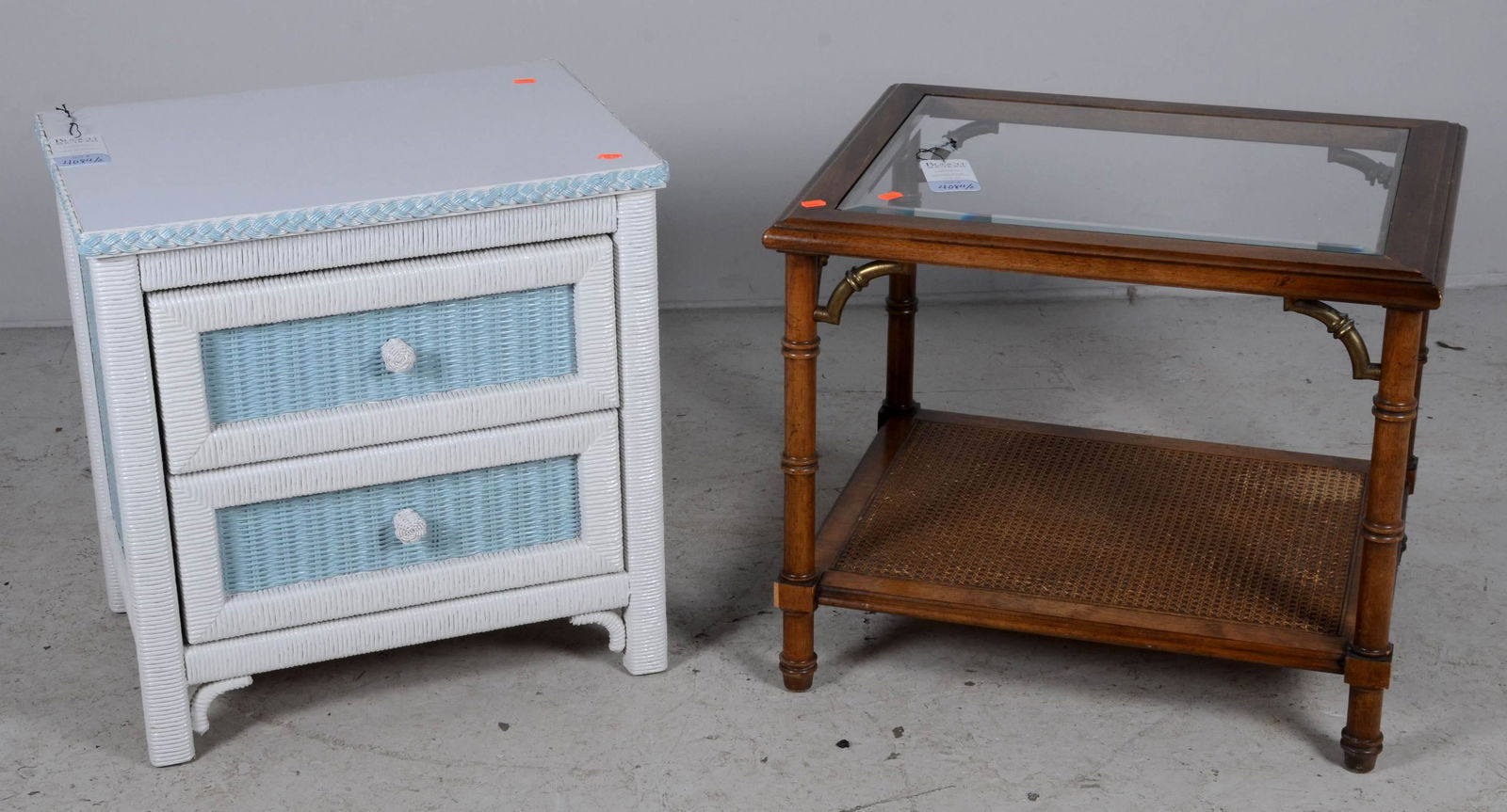 Lane glass top side table, white & blue painted chest: Lane glass top side table with caned lower shelf, along with white and blue painted wicker two drawer chest, Lane table 22" h x 24" w x 22" d, wear to finish on Lane table
