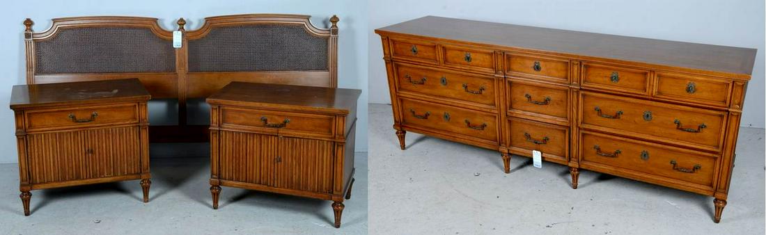 (4) pc Henredon Louis XVI style BRS: (4) pc Henredon fruitwood Louis XVI style BRS, c/o triple dresser, pair nightstands, headboard with caned inserts, 40" h x 79" w, dresser 34" h x 84" w x 21" d