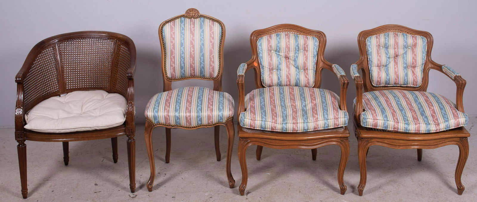 (4) French style caned chairs: (4) French style caned chairs, c/o pair caned seat and back armchairs with striped cushions, striped upholstered side chair, caned back and seat armchair with white cushions, largest 32" h, seat heigh