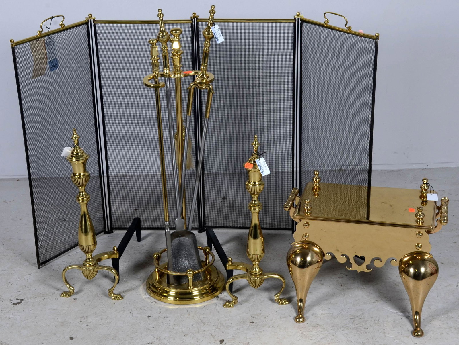 (5) pc Brass fireplace set: (5) pc Brass fireplace set, c/o pair andirons, folding screen, fireplace tools on stand, fireplace trivet, screen 32-1/2" h x 42" w