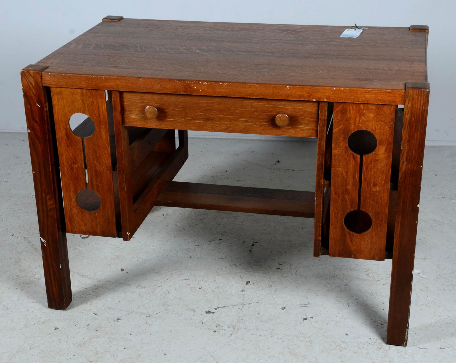 Stickley Mission oak desk: Stickley Mission oak desk, one drawer, slatted sides, 30" h x 42" w x 26-1/2" d