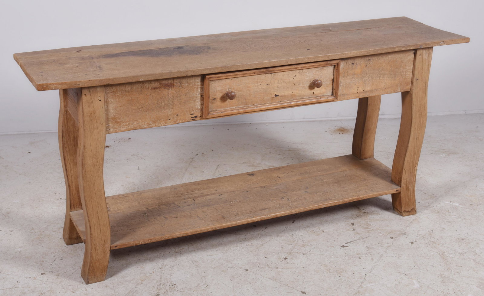 Benchmade one drawer console table: Benchmade one drawer console table, washed pine, lower shelf, 32" h x 71" w x 17-1/2" d