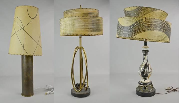 (3) Mid-Century Modern Table Lamps: (3) Mid-century modern table lamps, all with fiberglass shades, one with artillery shell base, one porcelain, one brass, tallest 33-1/2" h overall