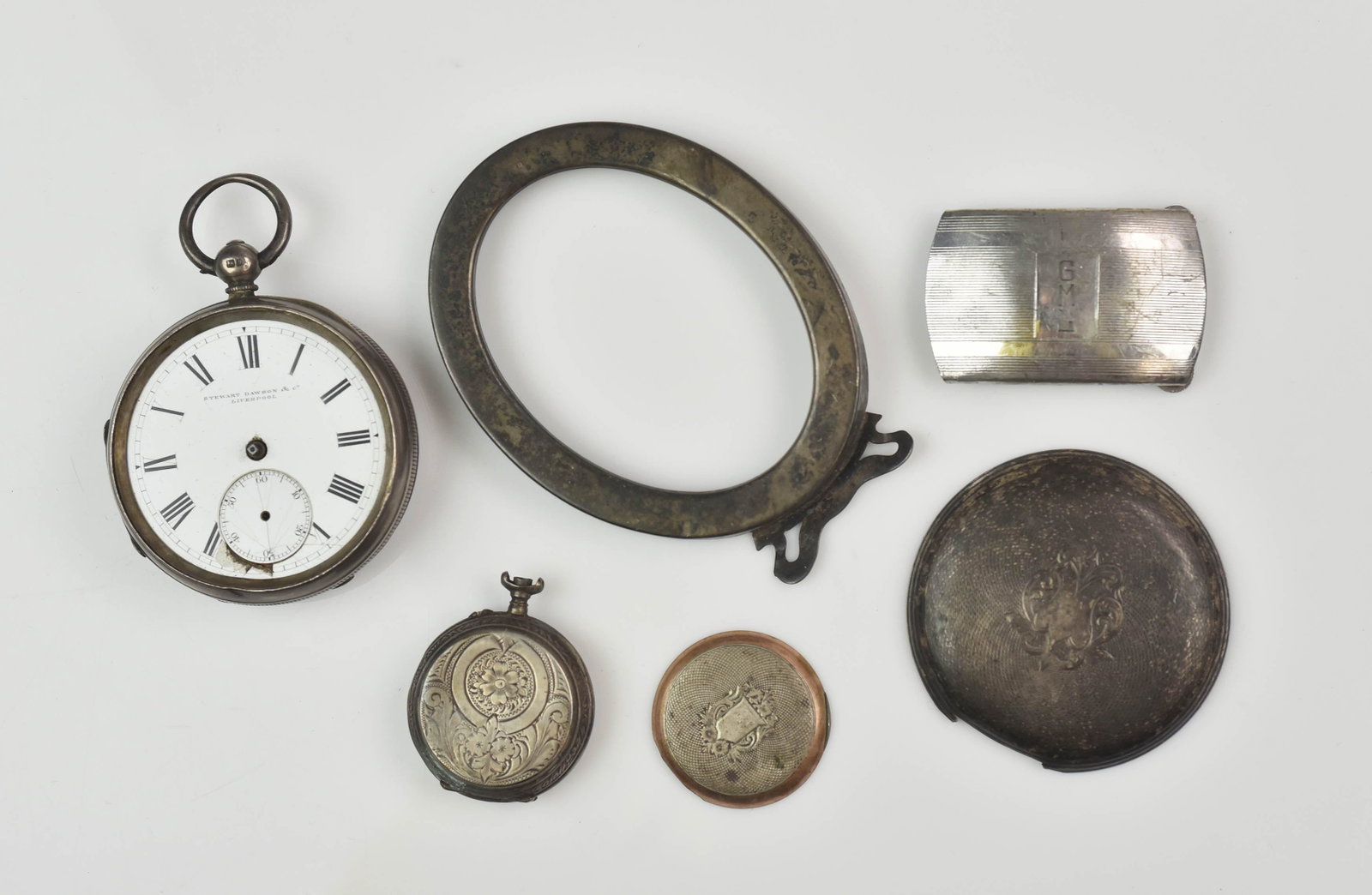 Lot of Sterling, Coin & 800 Silver: Lot of sterling, coin & 800 silver, including pocket watches & case parts, belt buckle, picture frame, 1.43 TO weighable