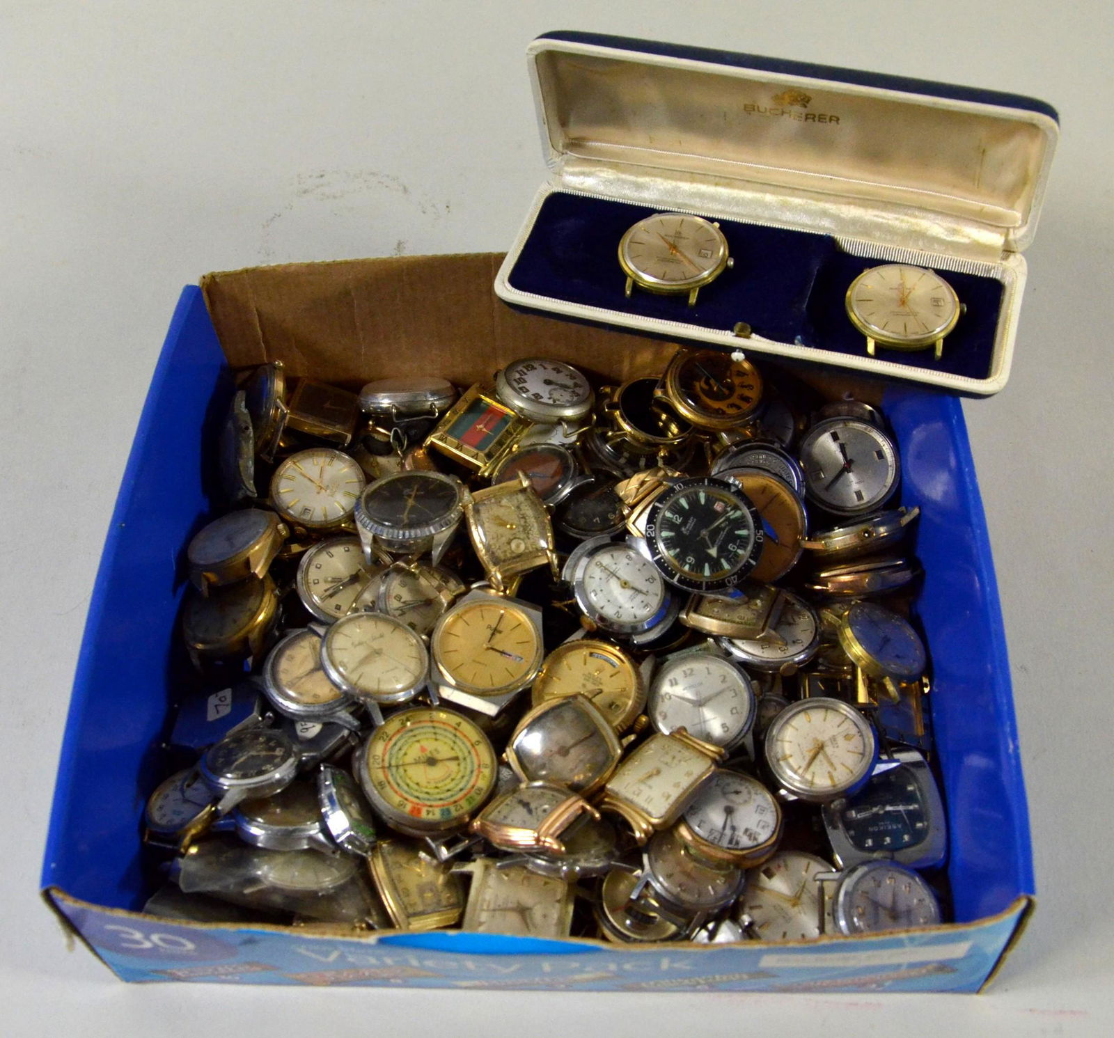 Large Lot of Wristwatches, No Bands: Large lot of wristwatches for parts, repair or restoration, no bands, including Hamilton, Timex, Waltham, Bucherer, Bulova, and more