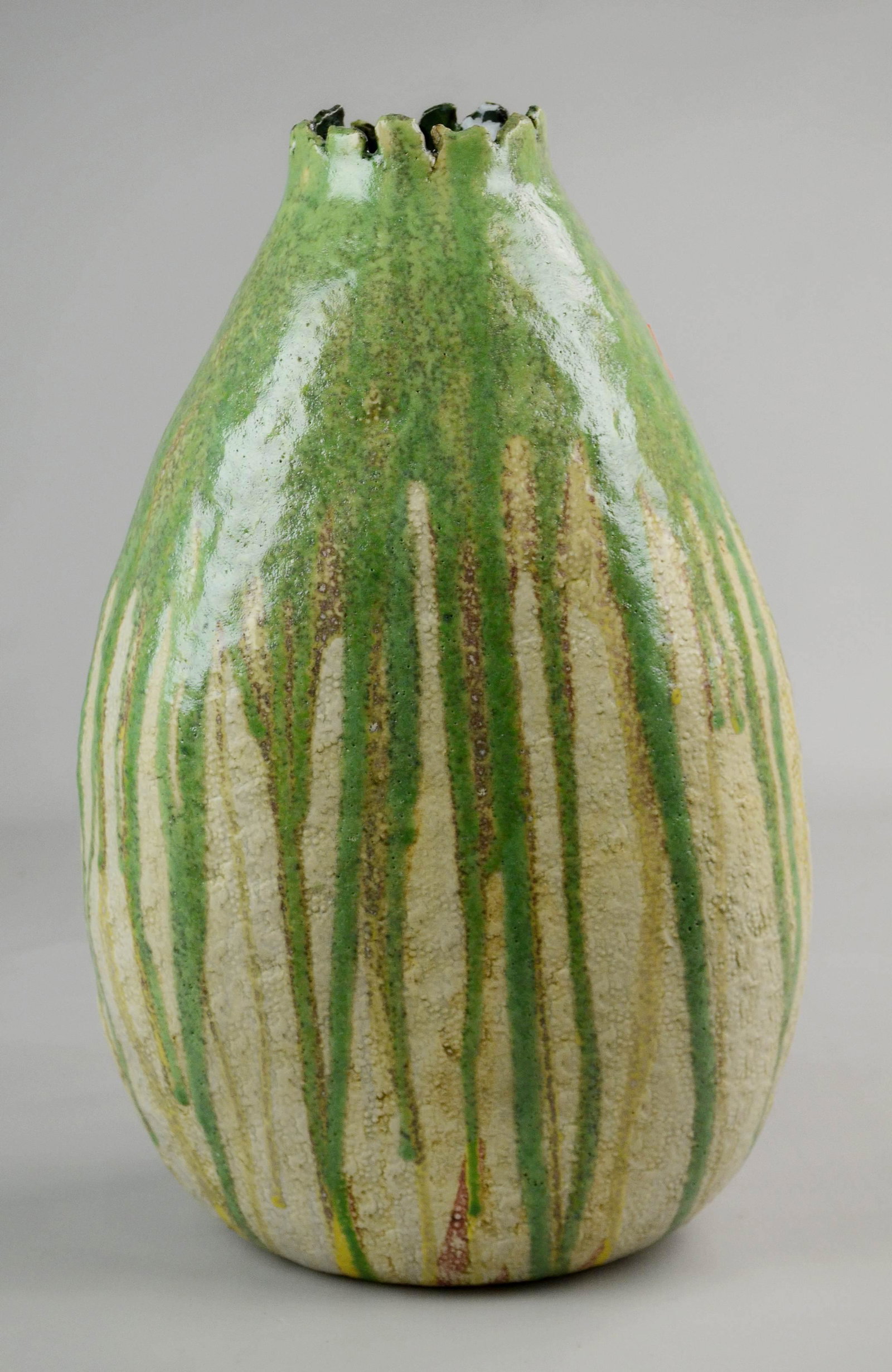 Lane Crawford Studio Pottery Vase: Lane Crawford studio pottery vase in textured decoration with drip glaze surround, 17-1/2", NWT