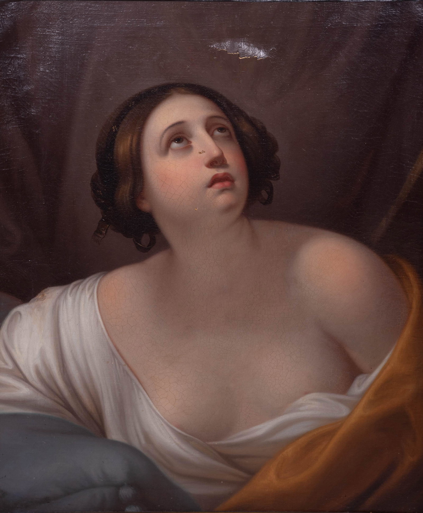 After Guido Reni Painting "Cleopatra": After Guido Reni Painting "Cleopatra", oil on canvas, 19th C, unsigned, mounted in period gold frame, 30" x 25", framed 42" x 37", fair condition, old restoration, damage and repairs, damage to frame