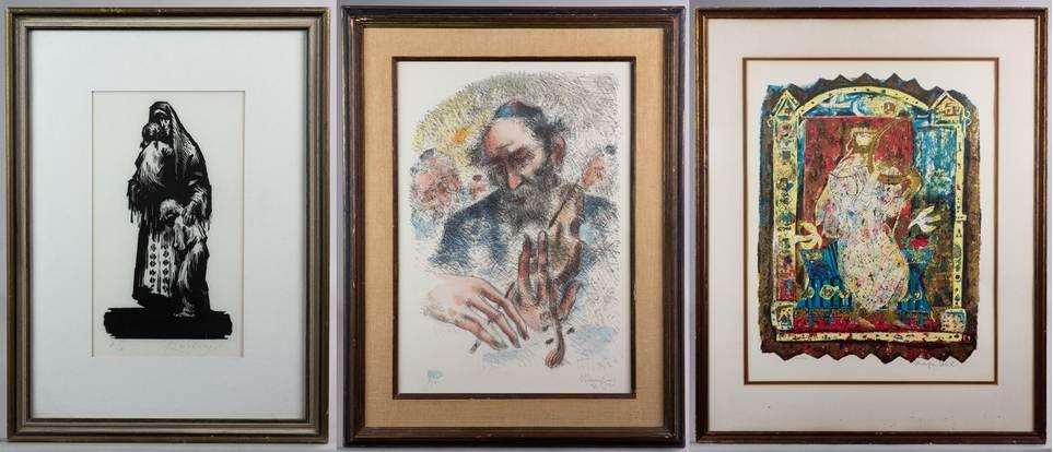 (3) Framed Prints Shraga Wiel & Chaim Gross: (3) Framed prints Shraga Weil & Chaim Gross, "King David", silkscreen on paper, pencil signed "Shraga Weil", 20-3/4" x 16" image; violist, lithograph, pencil signed "Chaim Gross", 20" x 14" image; mot
