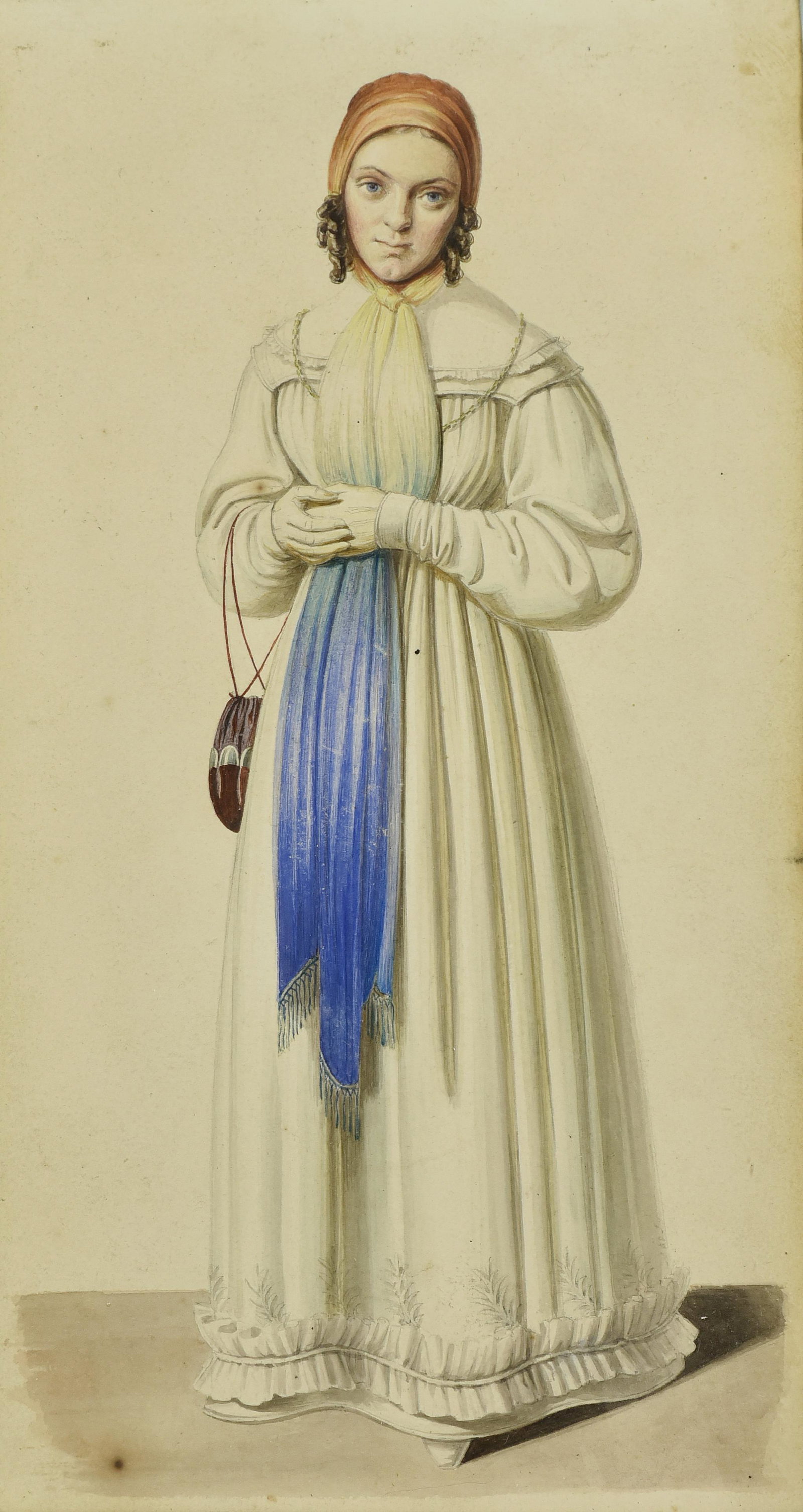 Martin von Schwind "Portrait of a Young Lady": Martin von Schwind (German, 1804-1871) "Portrait of a Young Lady", watercolor and pencil on paper, inscribed "M. v. Schwind", on mat, 9-1/2" x 5-1/8" sight, framed size 15-3/4" x 12-3/8", good conditi