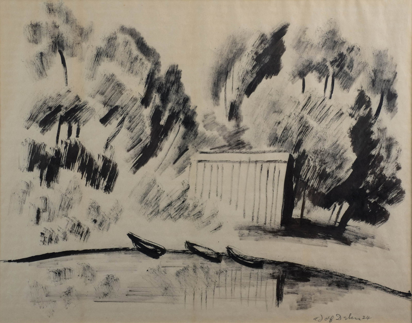 Adolf Dehn Lithograph Landscape w/Boats on Shore: Adolf Dehn (American, 1895-1968) lithograph landscape with boats on shore, pencil signed " wolf Dehn '24", 13-3/8" x 17-1/8" sight, framed 21-5/8" x 24-5/8", good condition, not inspected out of frame