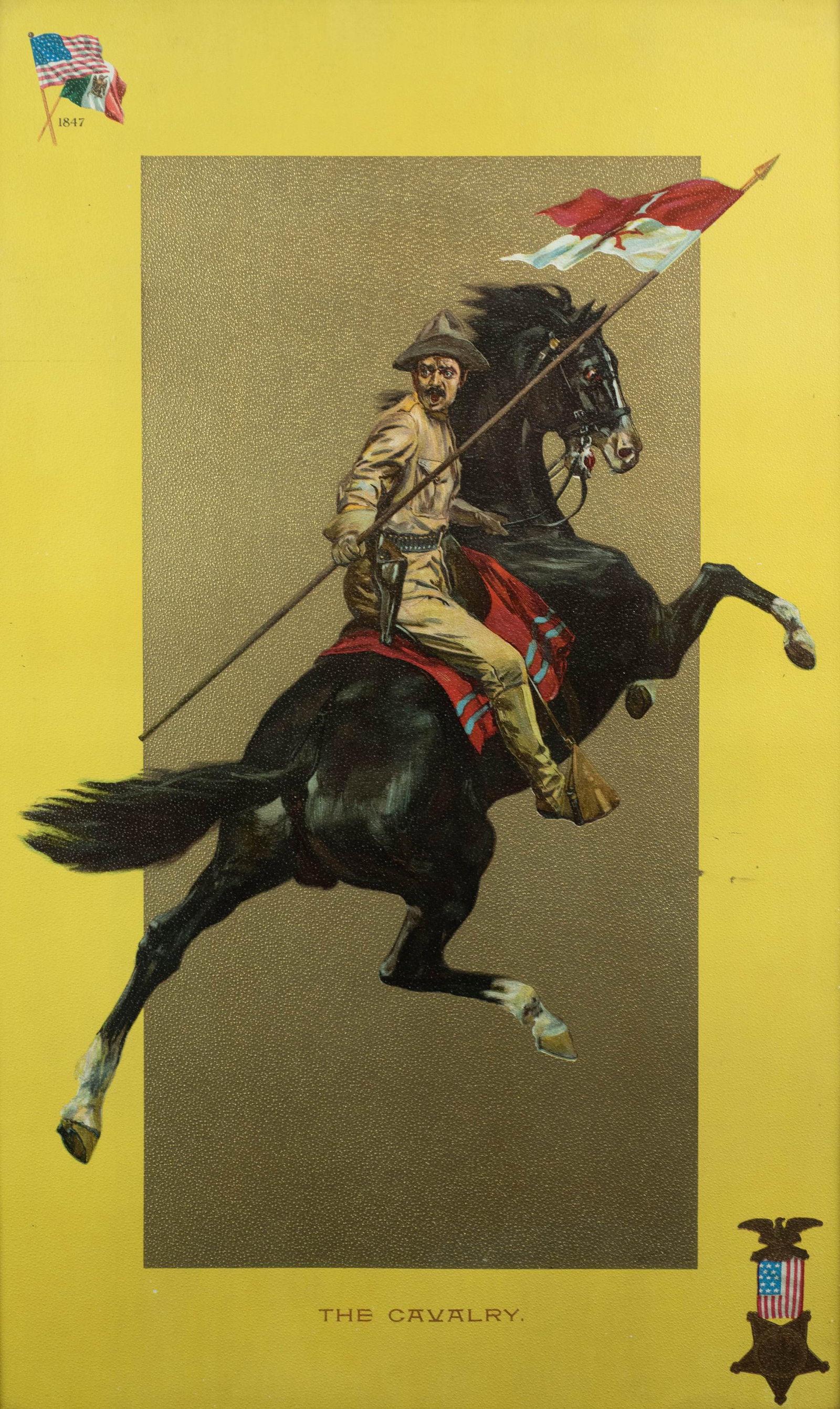 Henry L Turner 1847 Chromolithograph: Henry L Turner 1847 Chromolithograph "The Cavalry", printed in colors with gold background, signed "copyright by Henry L. Turner", in image, original oak frame, 29-3/4" x 19-1/2" overall, good conditi