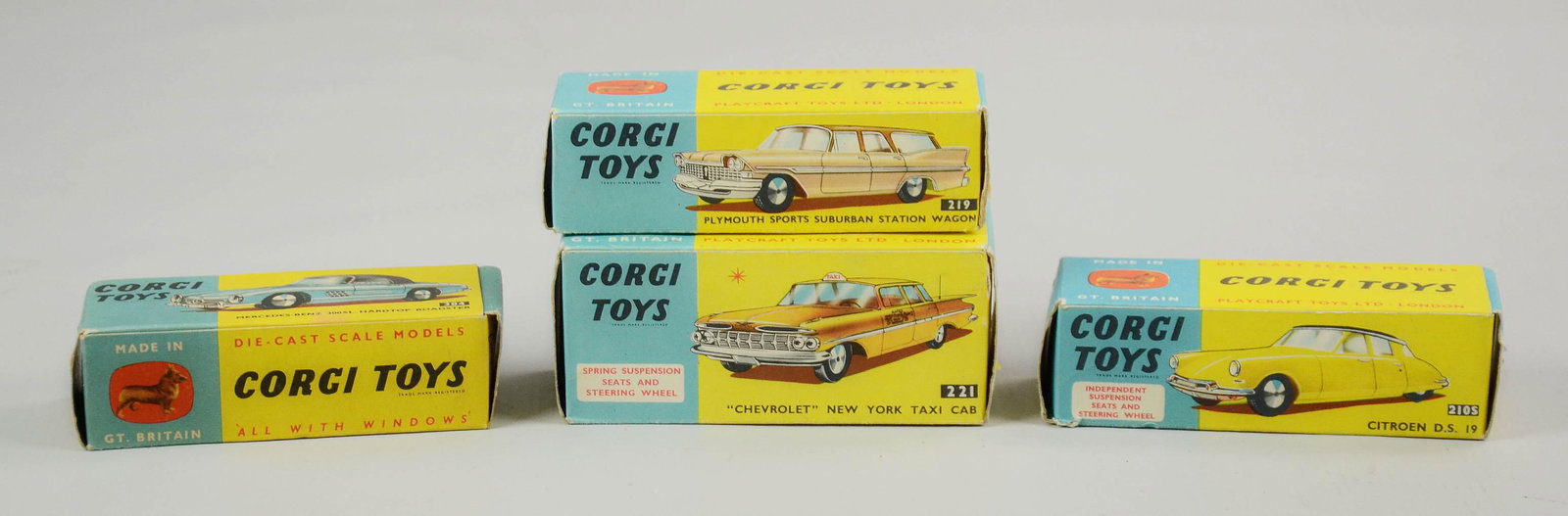 (4) Corgi Toys Cars: (4) Corgi Toys cars c/o Chevrolet New York Taxi Cab, Plymouth Sports Suburban Station Wagon, Mercedes-Benz 300 S.L Hardtop Roadster and Citroen D.S. 19. All in original boxes.