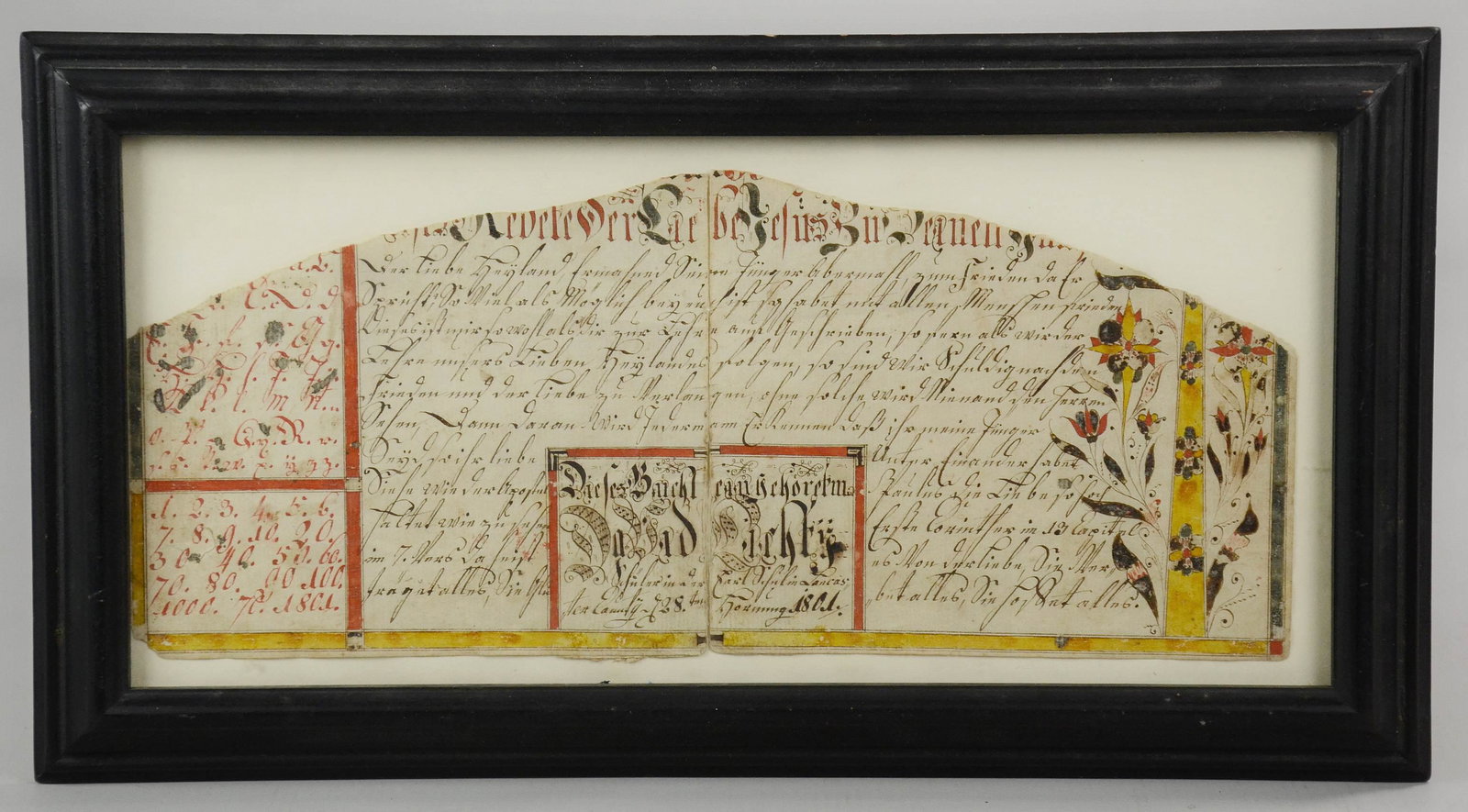 Fraktur 1801 Lancaster Pennsylvania with sampler: Similar in style to Christian Strenge, portion of Lancaster Pennsylvania hand colored document with Fraktur Vorschriften portion showing partial alphabet writing sample and then numbers 1 - 10, then 2