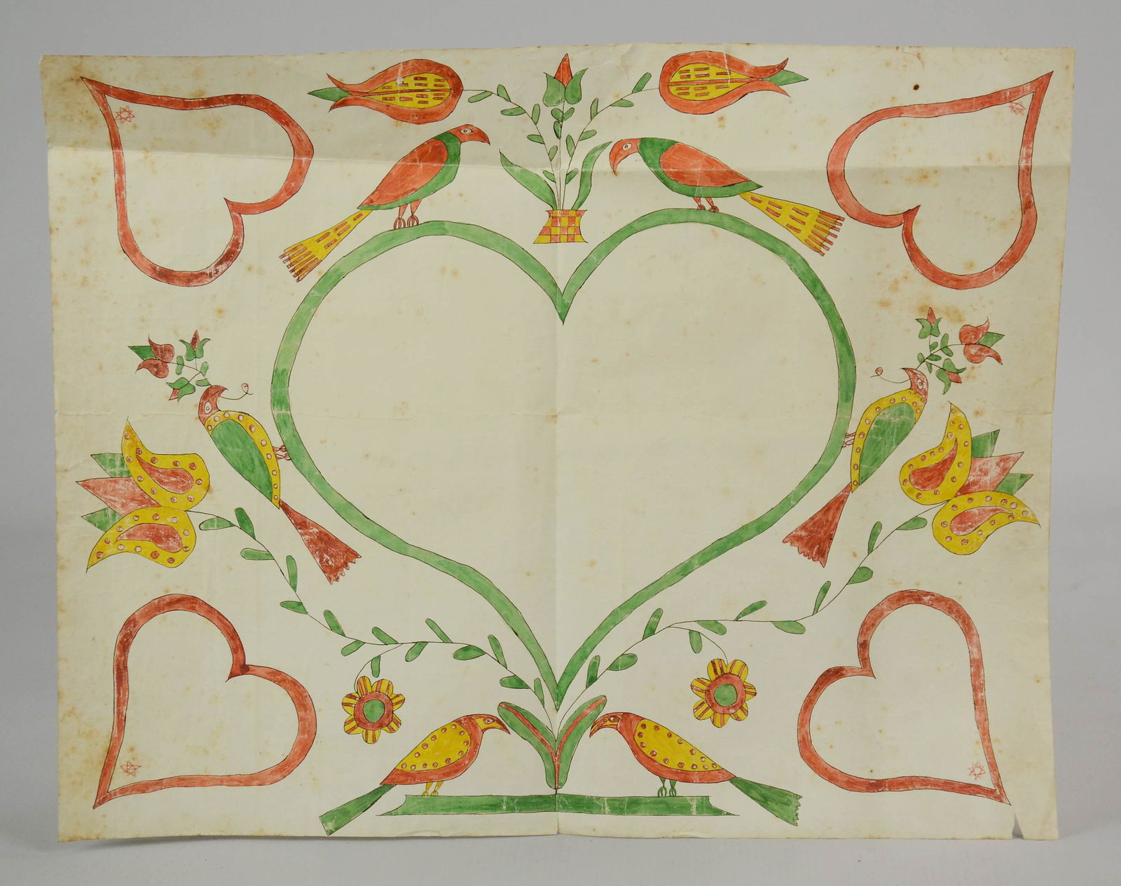 Early Fraktur Watercolor Pennsylvania style Folk Art,: Early Fraktur watercolor and ink on laid paper, unsigned and unused in the style of some Taufschein. Completely hand-made, Pennsylvania motifs with vibrant bright color flowers, hearts, birds and octa
