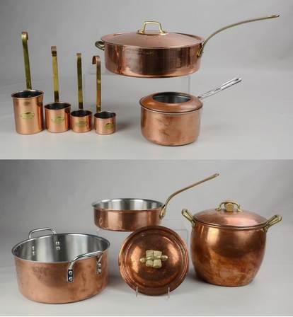 Copper Cookware Grouping: Copper cookware grouping c/o ladle form measures in 2 cup, 1 cup and (2) 1/2 cup, 12-1/2" lidded copper pan made in Korea, 3-1/2" sides, 10" Williams Sonoma France copper sided pan, 3" sides, Cuisinar