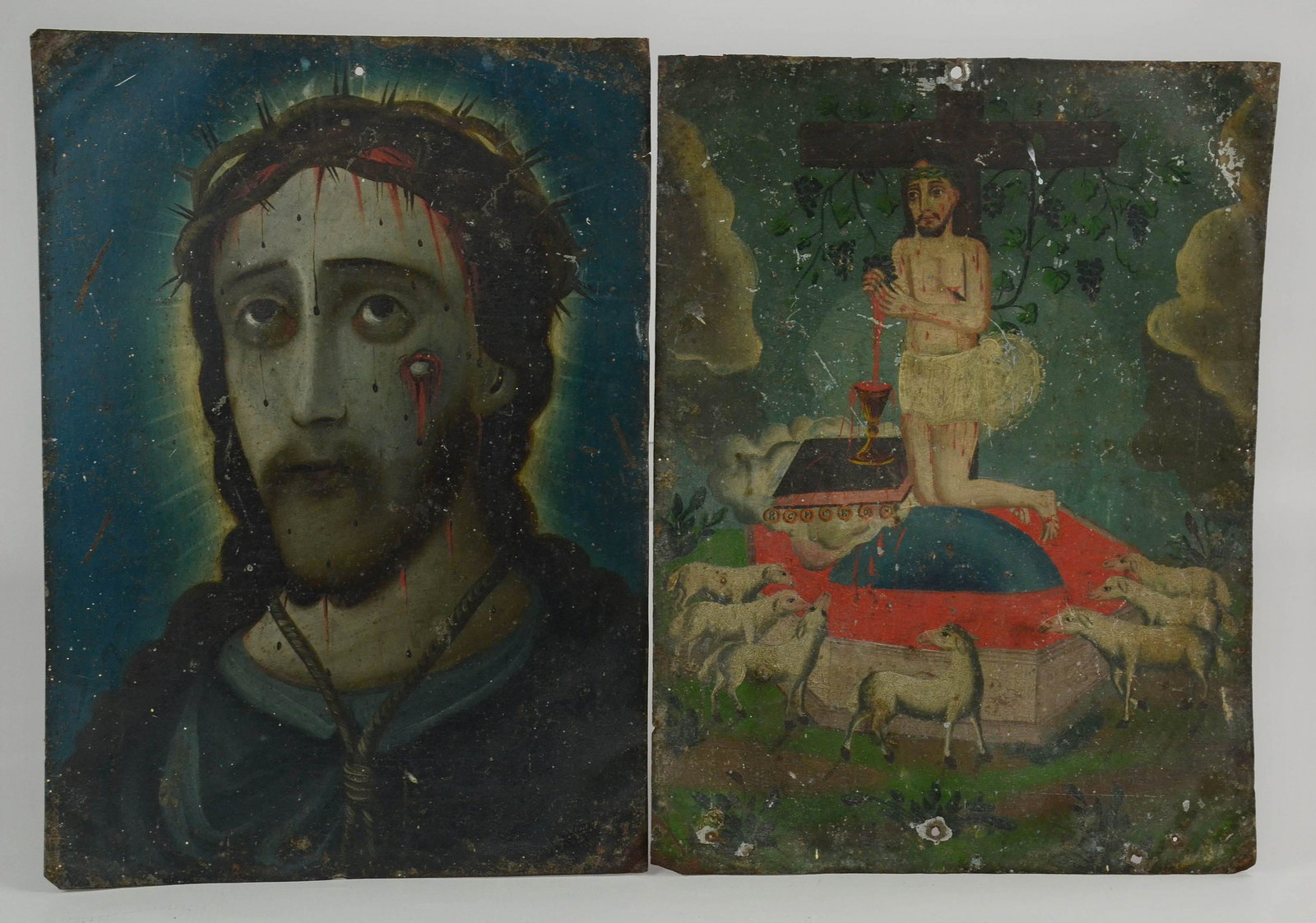 (2) 20th c. Retablo Paintings: (2) 20th c. retablo paintings, most likely of Mexican origin. Painted tin sheets in the likeness of Christ with a crown of thorns and Christ leaving the cross with blood filled chalice and sheep, 10" 