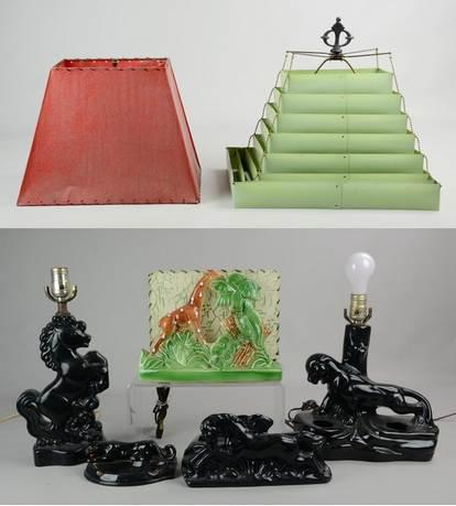 (4) Mid-Century Figural Lamps: (4) Mid-Century figural lamps c/o (3) black porcelain lamps in horse and jaguar form and (1) lamp in giraffe and foliage form with screen shade. Grouping also includes jaguar form coin dish and (2) mi