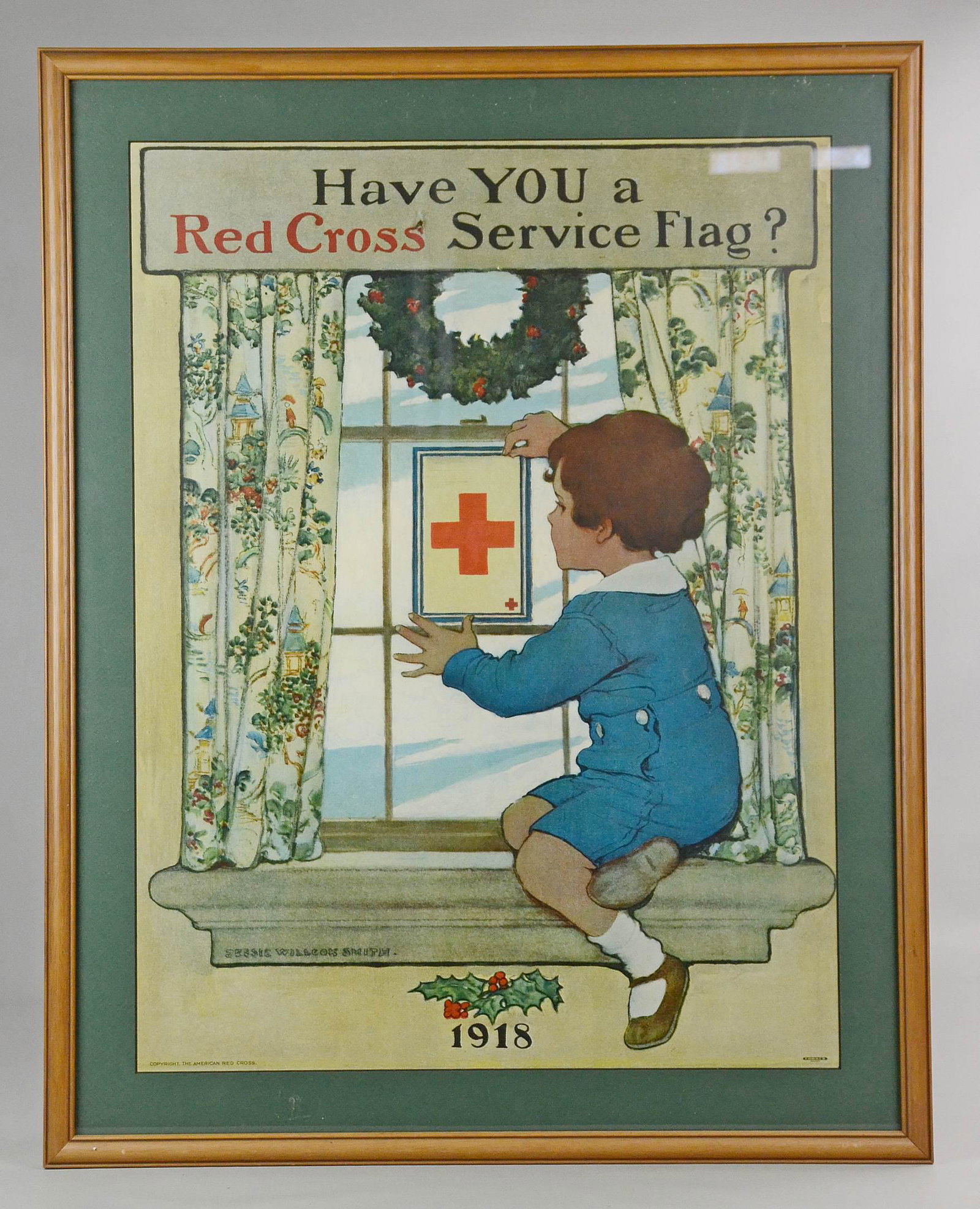 WWI Red Cross Poster, 1918 Jessie Wilcox Smith: Framed and matted original poster " have YOU a Red Cross Service Flag?" 1918, image by Jessie Wilcox Smith. Measures 25 3/4 x 33 inches in frame.