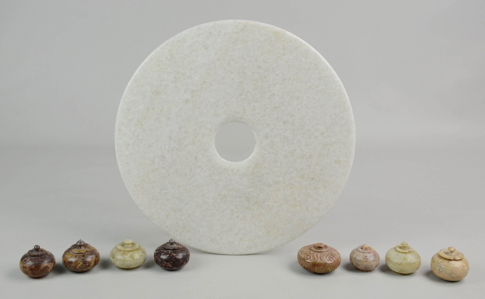 (9) Pcs Chinese Stone: (9) Pcs Chinese stone, c/o large white bi (11-7/8" dia), (8) miniature jar form boxes (largest 2" dia)