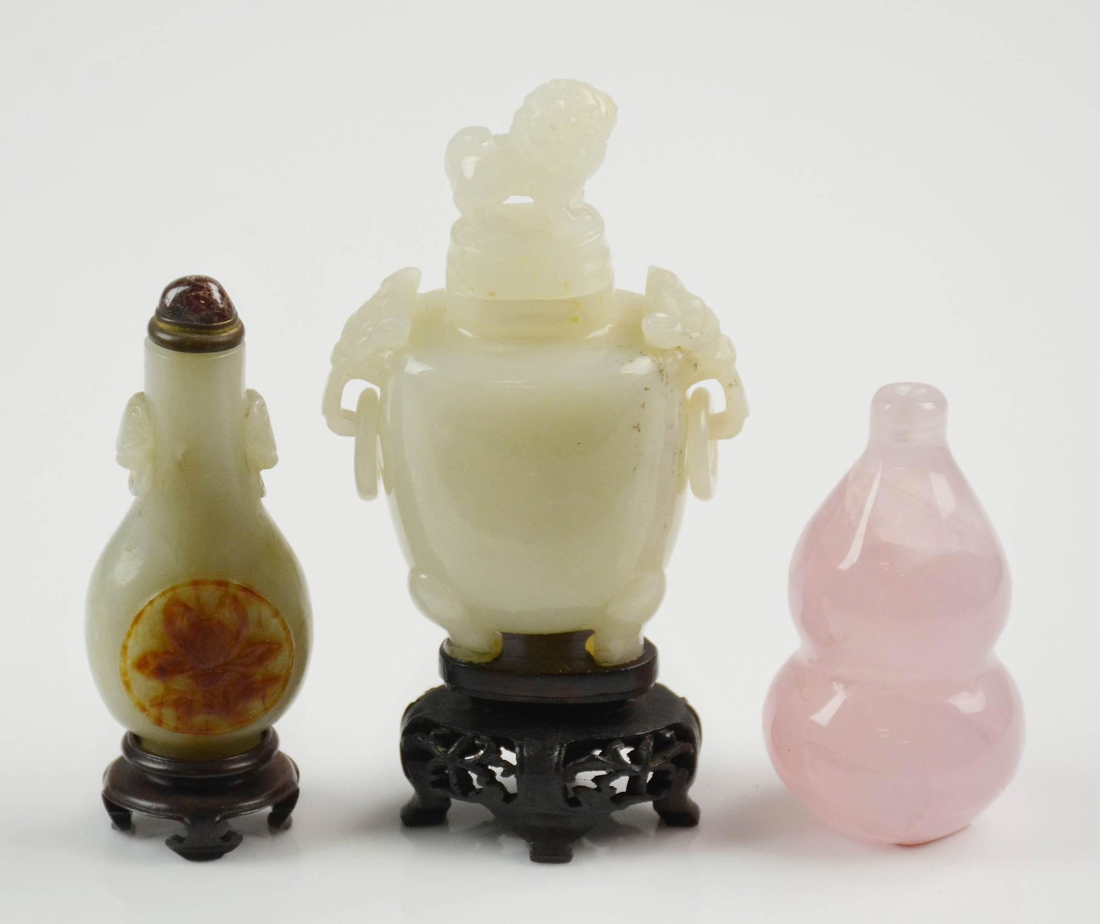 (3) Chinese Carved Stone Snuff Bottles: (3) Chinese carved stone snuff bottles, pink quartz missing stopper, tallest 4-1/4"