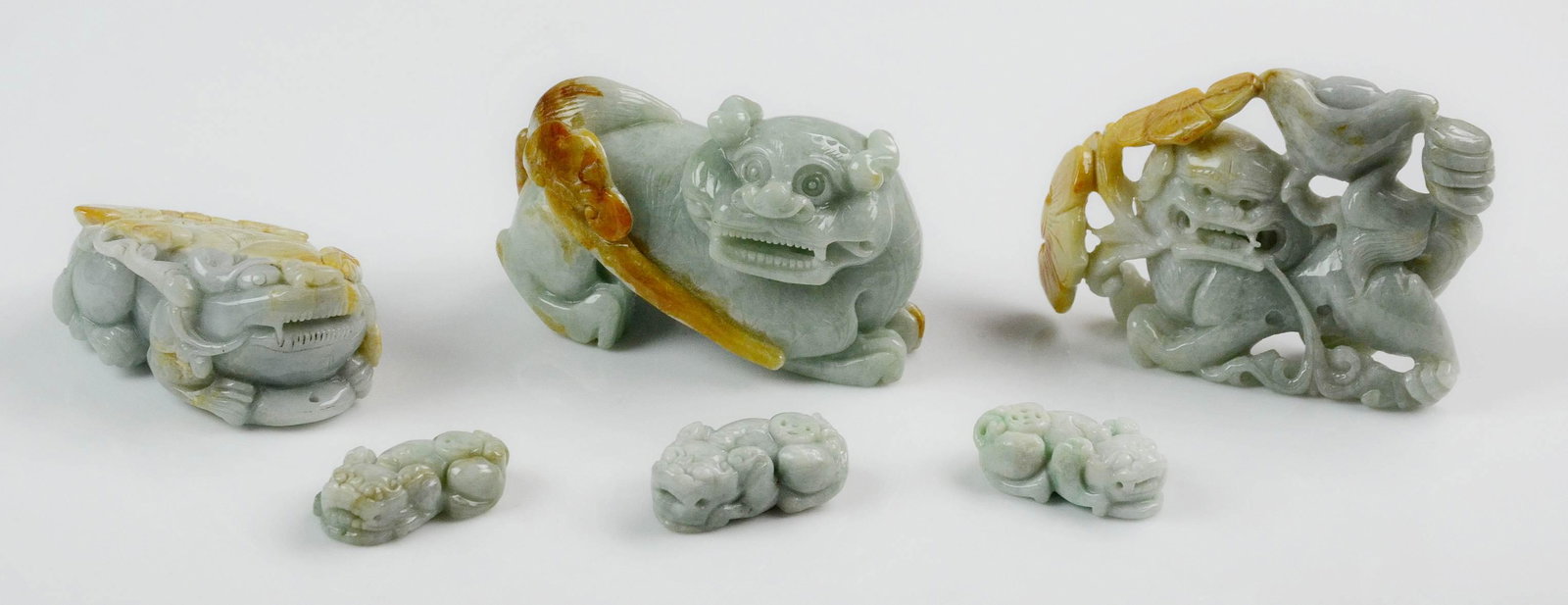 (6) Chinese Foo Dog Stone Carvings: (6) Chinese foo dog stone carvings, largest 4" w x 2-3/4" h