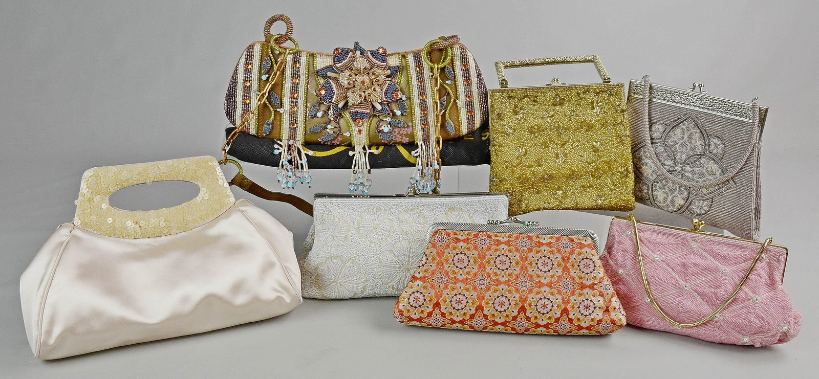 (7) Vintage and Modern Evening Bags: (7) Vintage and modern evening bags c/o examples of glass beadwork, sequins, filigree handles and jacquard, also includes glass beaded Wako evening bag, Czech beadwork and NWOT Mary Frances shoulder b