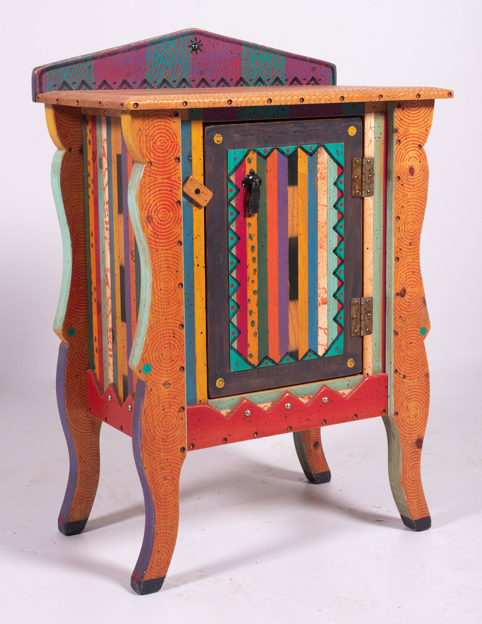 Memphis style painted pine cabinet by David Marsh: Memphis style paint decorated pine one door cabinet by David Marsh, 34" h x 24" w x 15" d