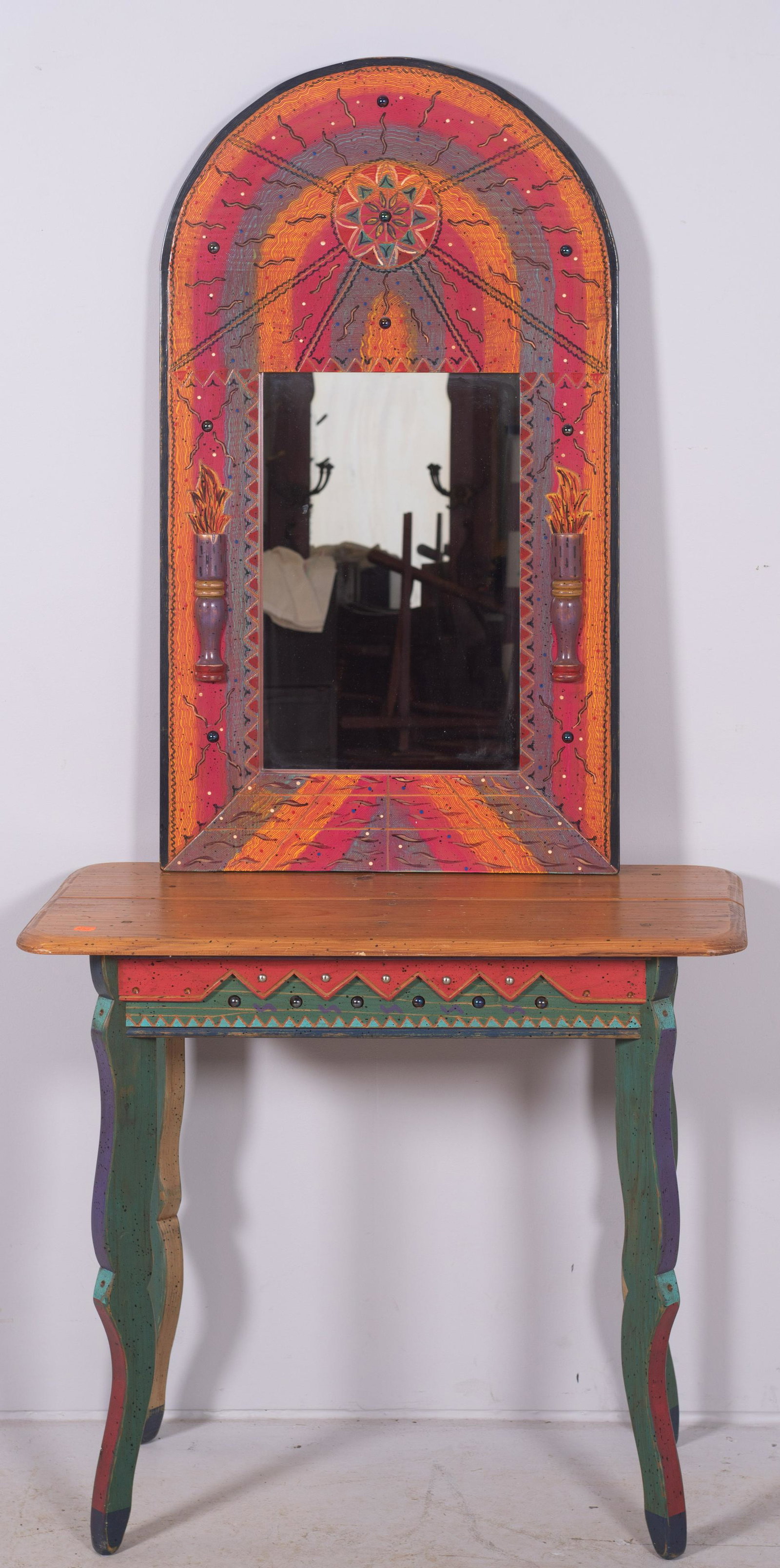Memphis style painted pine console table & mirror: Memphis style paint decorated pine console table & mirror by David Marsh, table with 2-part pinetop, painted base, console 30" h x 35" w x 16-1/2" d